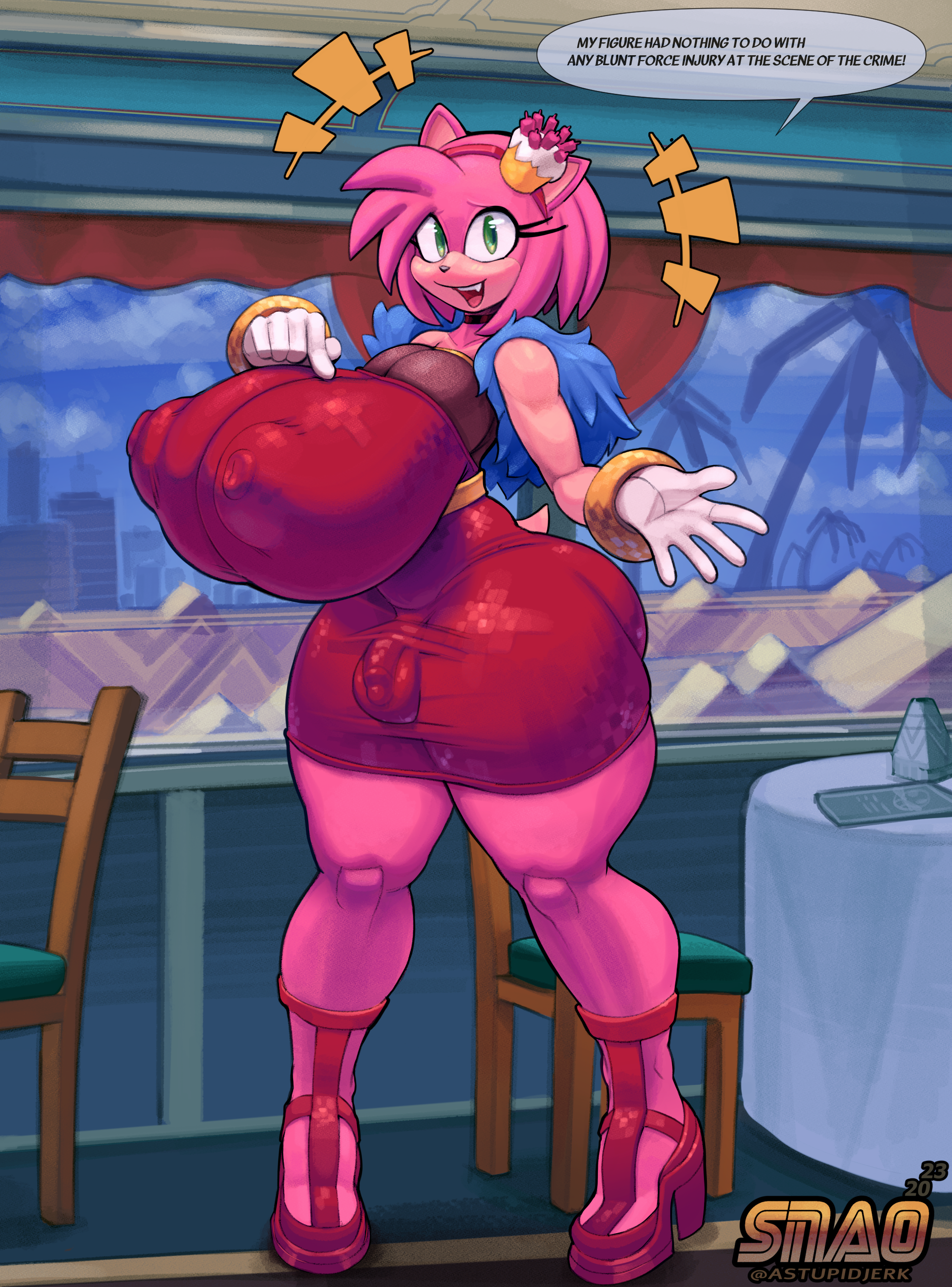 1futa, 1girls, 2023, alternate breast size, alternate version available, amy rose, anthro, areola outline, big breasts, bracelet, breasts, bulge, bulge through clothing, bulge under dress, chair, clothing, dress, ellipsis, english text, eulipotyphlan, female, female focus, footwear, furniture, futa only, futanari, gloves, green eyes, growth, growth sequence, hedgehog, hi res, high heels, high resolution, highres, huge breasts, hyper genitalia, intersex, jewelry, little penis, mammal, nipple outline, only female, open mouth, penis visible through clothing, pink body, pink hair, sega, shoes, small penis, snao, solo, solo futa, sonic (series), sonic the hedgehog (series), speech bubble, table, text, thick thighs, visible penis, voluptuous, voluptuous anthro, voluptuous body