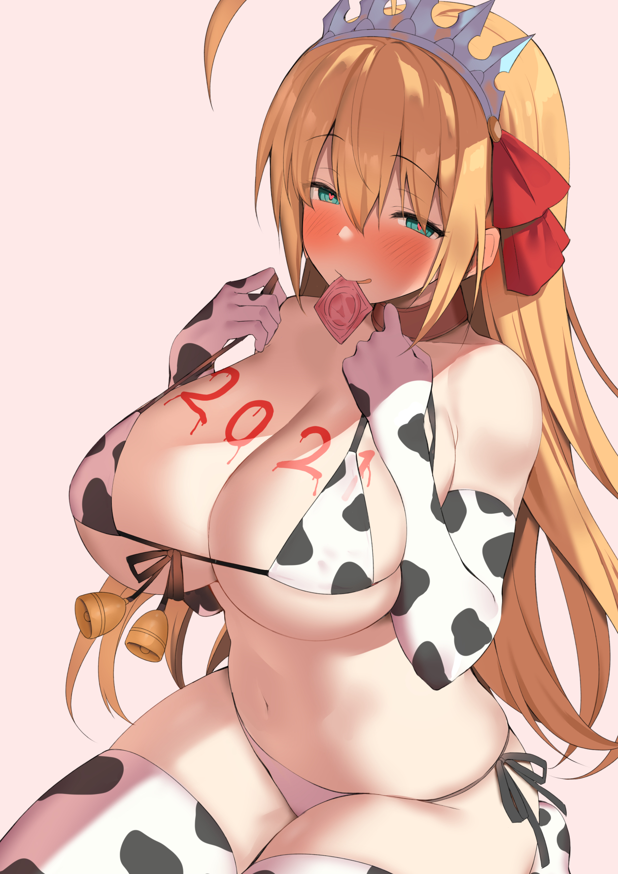 1girls, 2021, b-ginga, big breasts, bikini, bikini bottom, bikini top, blonde hair, blush, body writing, breast press, breasts, collar, condom, condom in mouth, covered nipples, cow bikini, cow print, cow print armwear, cow print bikini, cow print legwear, female, female only, green eyes, heart-shaped pupils, horny, hypnosis, pecorine, princess connect!, princess connect! re:dive, simple background, sitting, solo, thick thighs, thighs