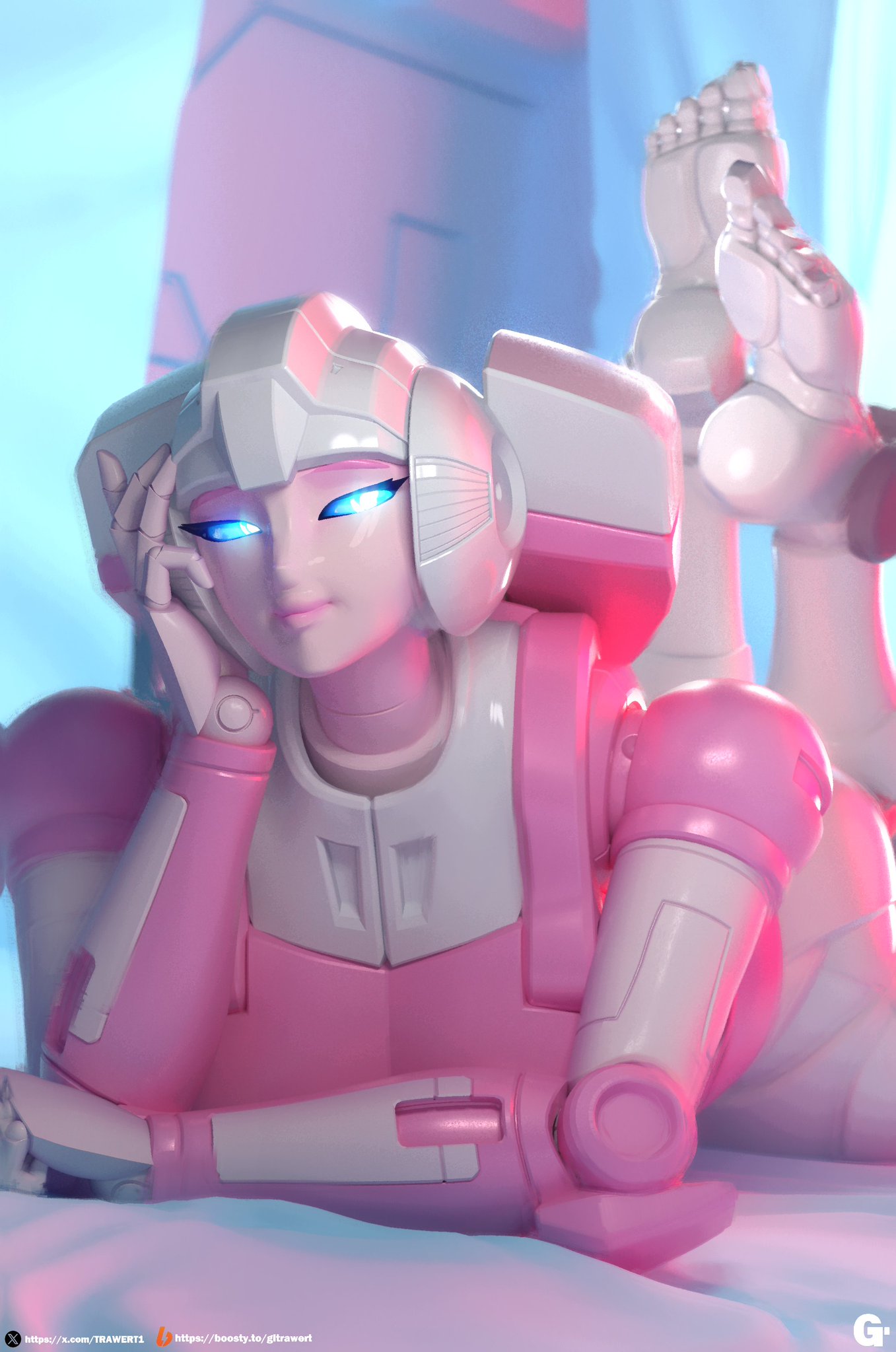 1girls, 3d, arcee, arcee (g1), big ass, big breasts, blue eyes, cybertronian, feet, feet up, female, female only, foot fetish, pov, robot girl, teasing, teasing viewer, transformers, transformers g1, trawert