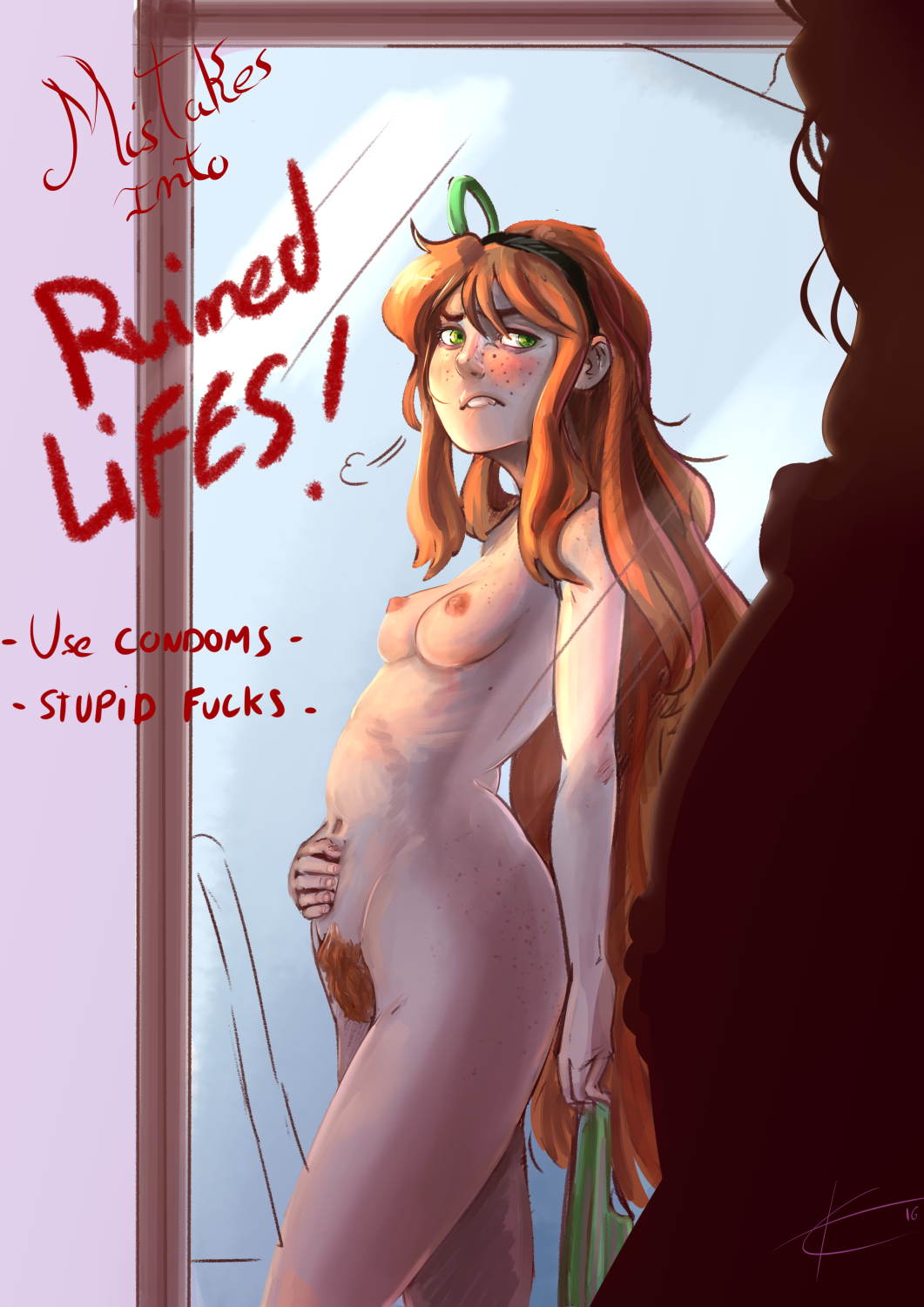 1girls, 4chan, arched back, breasts, breath, early pregnancy, eltonel, female, female only, freckles, green eyes, hair ornament, hairy pussy, hand on belly, long hair, mirror, naked, navel, nipples, nude, pregnant, pubic hair, pussy, red hair, solo, solo focus, text, thighs, vivian james