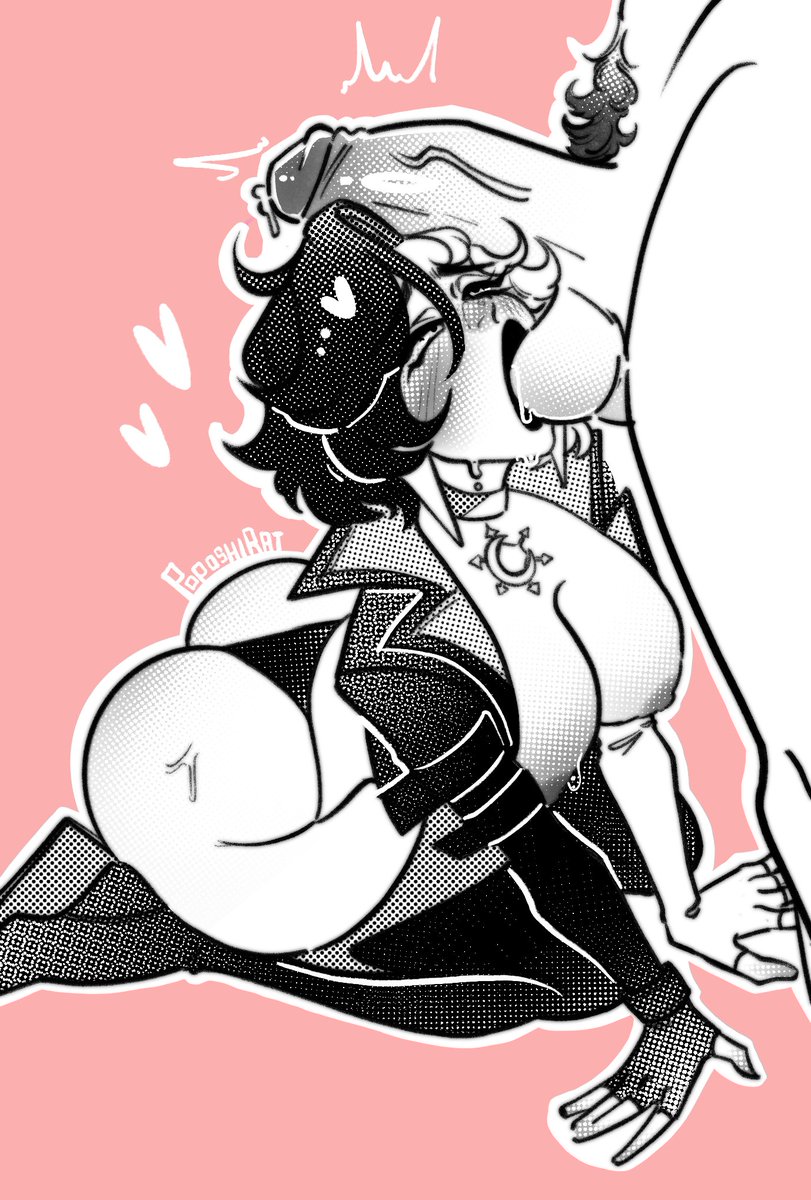 1boy, 1girls, 2d, anonymous male, big ass, big breasts, big penis, black and white, black hair, black lipstick, blush, blushing, breasts, breasts out, fingerless gloves, floating heart, floating hearts, heel boots, heeled boots, heels, jacket, jacket open, kneeling, kneeling oral position, light skin, light-skinned female, light-skinned male, limited color, limited palette, lipstick, long gloves, looking at partner, looking up, looking up at partner, luna snow, luna snow (marvel rivals), makeup, marvel, marvel comics, marvel rivals, multicolored hair, on hands and knees, oral, oral sex, partially clothed, partially clothed female, penis on head, penis out, poposhirat, precum, precum drip, precum on ass, pubic hair, seol hee, short hair, simple background, solid color background, straight, sucking balls, sweat, sweatdrop, thigh boots, thigh high boots, thong, tremble lines, tremble spikes, wedge heels, white hair