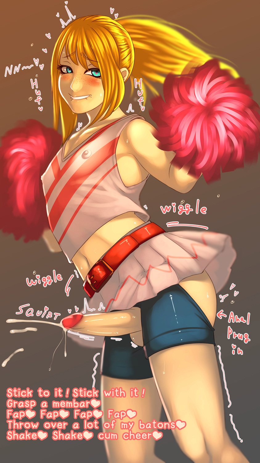 1boy, androgynous, balls, biting lip, blonde hair, blue eyes, blush, cheerleader, cheerleader uniform, crossdressing, cum, edward elric, ejaculation, erect nipples, erection, femboy, feminine male, feminization, freckles, fullmetal alchemist, girly, handsfree ejaculation, heart-shaped pupils, looking at viewer, male, male cheerleader, male only, nipples, otoko no ko, otokonoko, penis, penis under skirt, pom poms, ponytail, rimviolet, sissy, solo, solo male, testicles, text, tied hair, trap, uncensored