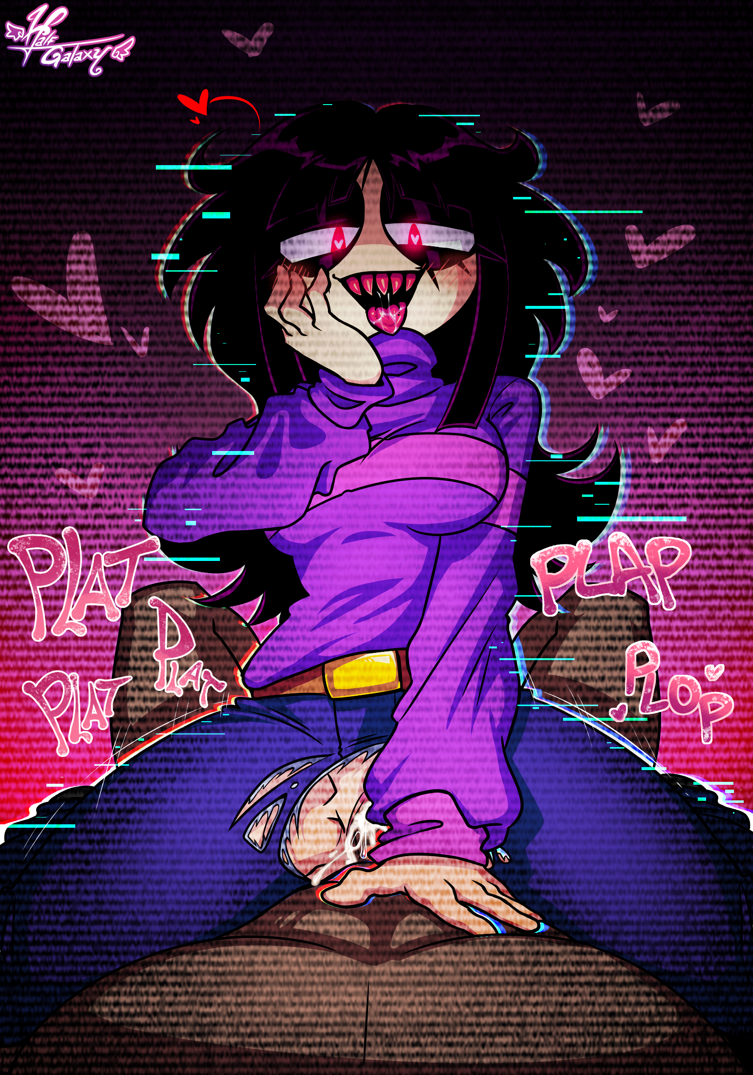ahe gao, ahegao face, belt, black hair, blue jeans, creepypasta, cum, cum in pussy, cum inside, cumming, cumming while penetrating, glitch, halfgalaxy, jeans, long hair, lust, needlemouse (series), passionate, plap, purple clothing, pussy, pussy juice, pussy juice drip, random guy, red eyes, red teeth, ripped clothing, ripped pants, sarah henderson (needlemouse), sonic.exe (series), upside, white skin, woman on top