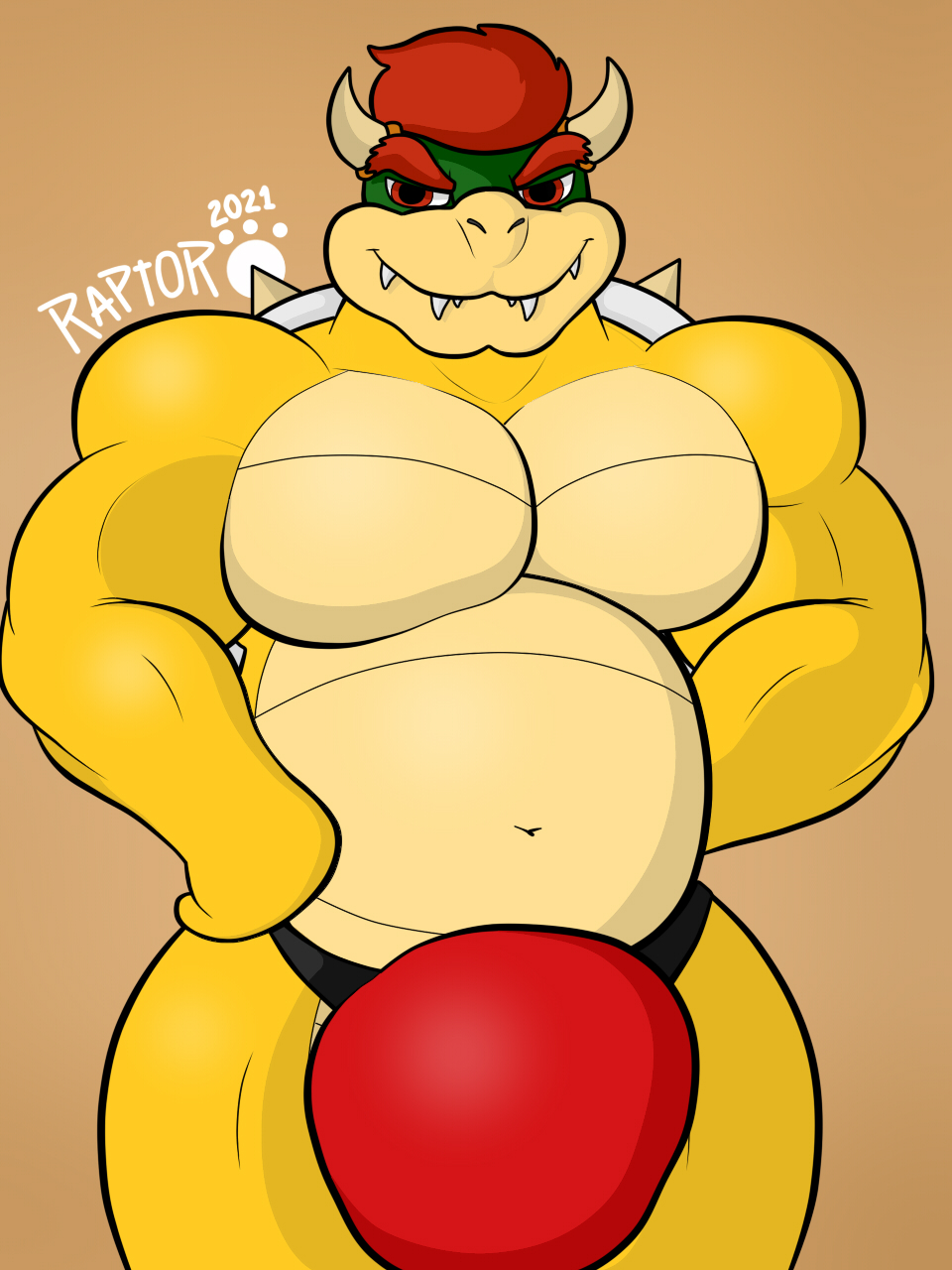 animal_humanoid anthro bara biped bowser bulge hair hi_res horn humanoid koopa koopa_humanoid looking_at_viewer male male/male male_only mammal mario_(series) muscular muscular_humanoid muscular_male nintendo raptorart reptile scalie scalie_humanoid simple_background smile solo video_games