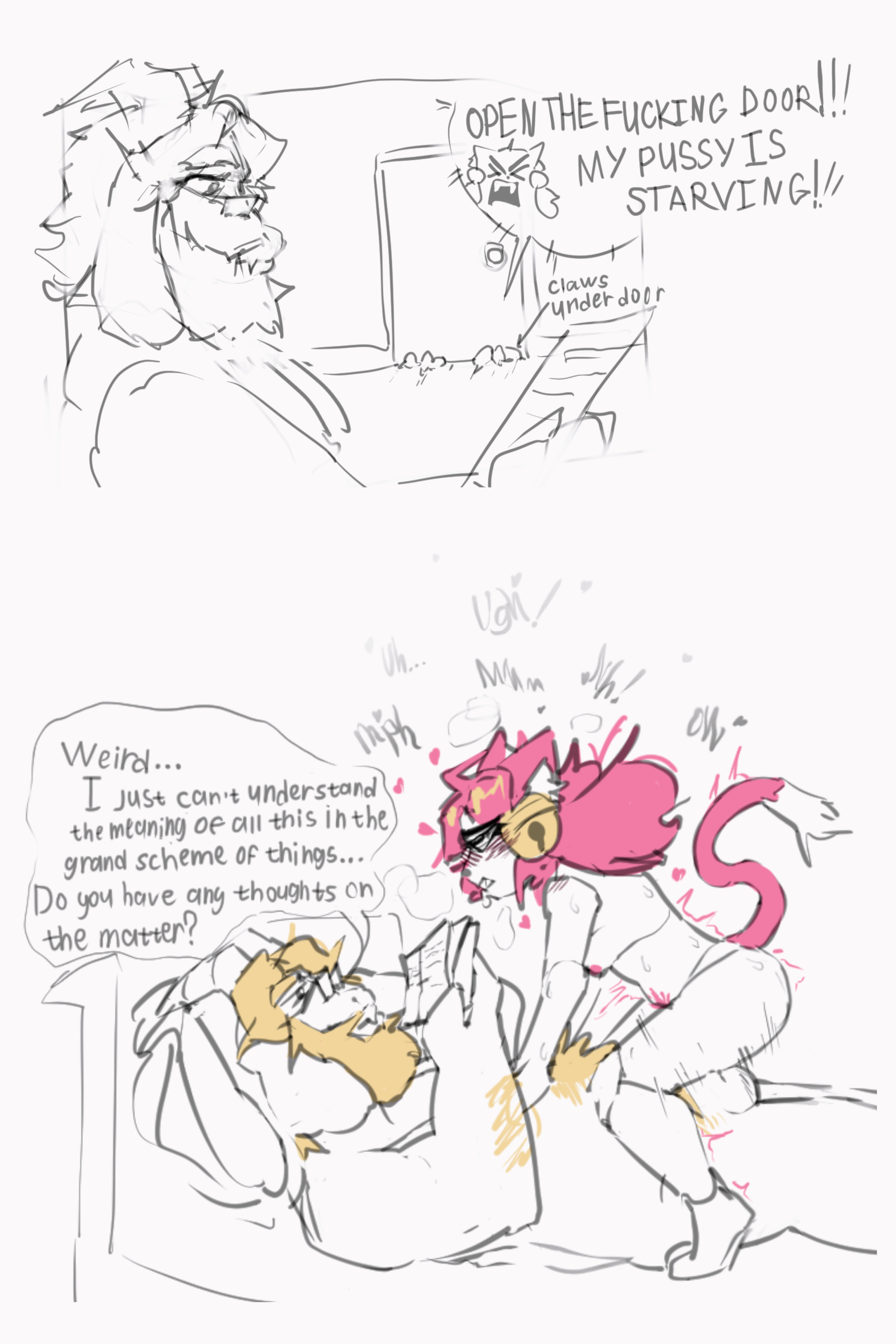 anthro, asgore dreemurr, asgore dreemurr (deltarune), bear (body type), beard, blonde, blonde hair, blonde male, busy, cat ears, cat girl, cat tail, catgirl, comic, deltarune, desperation, dialogue, dilf, facial hair, female, furry, ghost, ghost girl, glasses, goat, goat horns, horn, horns, ignoring, irritable ghost (deltarune), long ears, mad mew mew, male, multitasking, muscular, muscular male, pink (deltarune), sex, straight, straight sex, text, text bubble, undertale, undertale (series), utdr (toby fox), vaginal, vaginal penetration, vaginal sex, white body, white fur