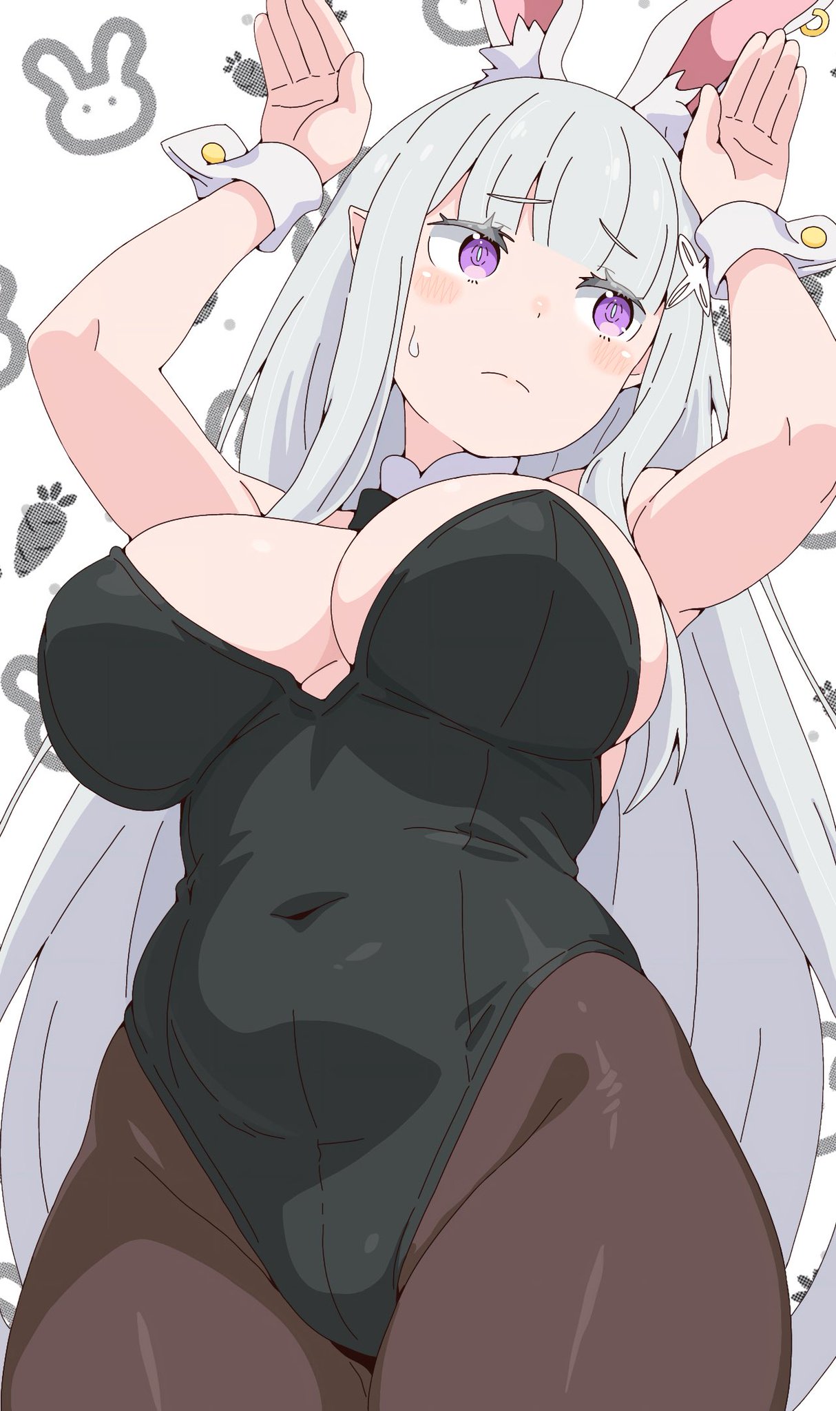 1girls, armpits, breasts apart, bunny ears, bunny girl, cleavage, elf, elf ears, elf female, emilia (re:zero), hips wider than shoulders, large breasts, purple eyes, re:zero kara hajimeru isekai seikatsu, silver hair, solo, standing, thick thighs