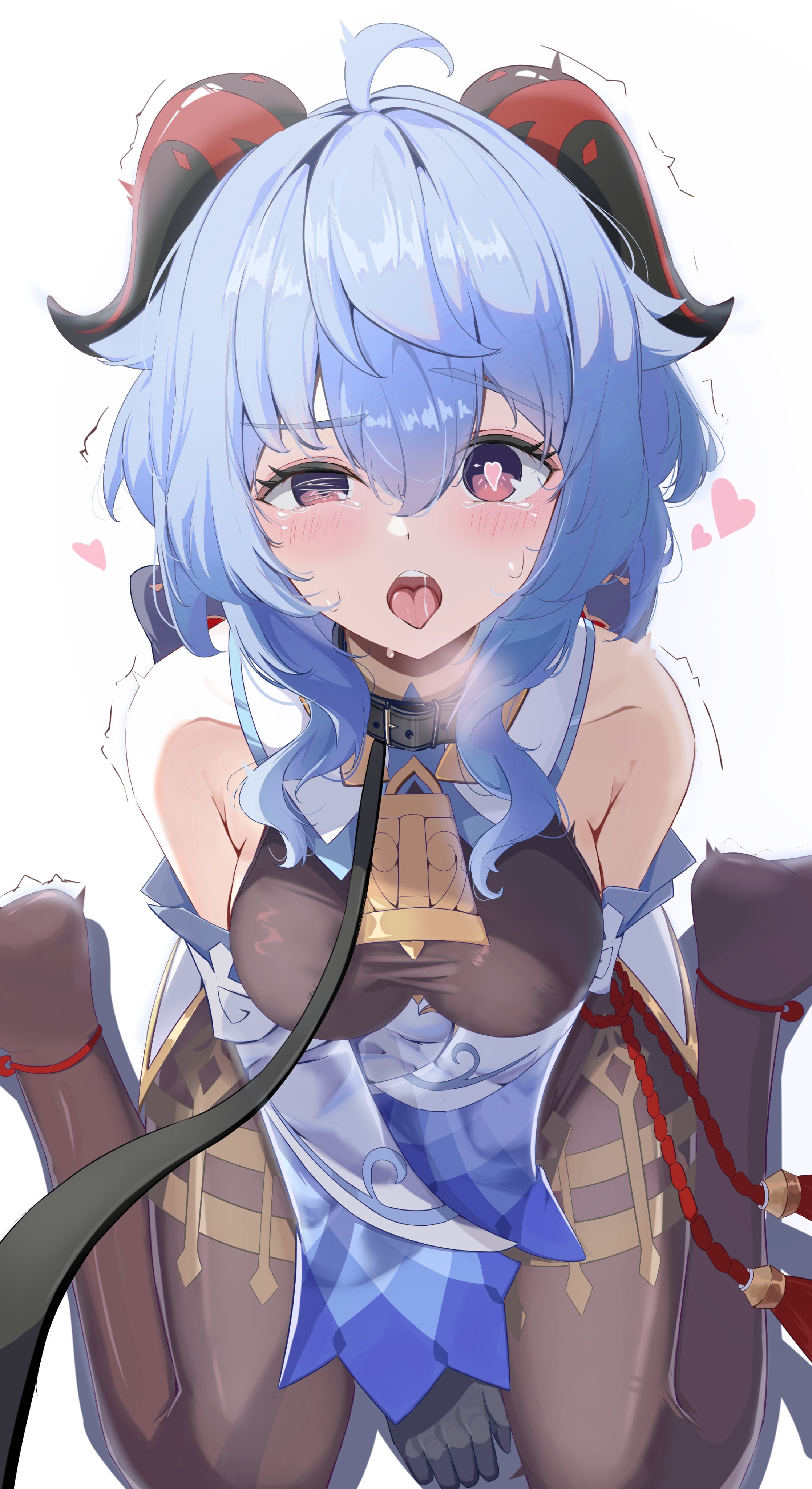 1girl, absurdres, ahoge, bare shoulders, bell, black gloves, black pantyhose, blue hair, blush, bow, breasts, collar, commentary request, detached sleeves, ganyu (genshin impact), genshin impact, gloves, gold trim, half-closed eyes, heart, heart-shaped pupils, highres, horns, jewelry, leash, long hair, looking at viewer, medium breasts, moni (moni7475), neck bell, no gloves, pantyhose, purple eyes, red rope, rope, sidelocks, sitting, solo, symbol-shaped pupils, tassel, thighlet, twitching, viewer holding leash, wariza, white background, white sleeves