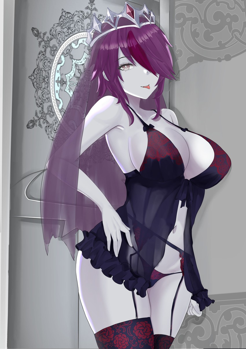 ass, big ass, breasts, female, floral print, garter belt, garter straps, genshin impact, hair ornament, hair over one eye, large breasts, light skin, light-skinned female, lingerie, magenta hair, negligee, nun, pale skin, pale-skinned female, red hair, rosaria (genshin impact), seductive smile, short hair, tagme, thick thighs, tian kazuki, tiara, tongue, tongue out, wide hips