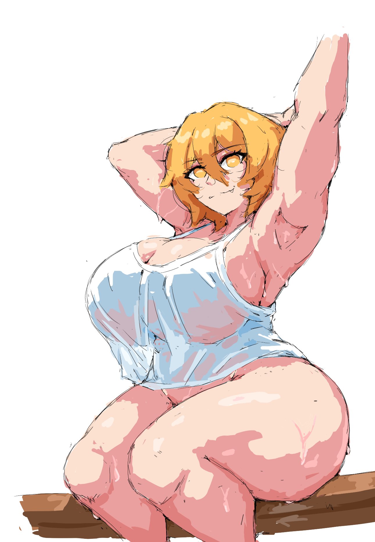 1girls, armpits, breasts, breasts bigger than head, don quixote (limbus company), fang, female, huge breasts, huge thighs, limbus company, littleteze, looking at viewer, project moon, sitting down, stretching, stretching arms, sweat, sweating, sweaty, sweaty body, thick thighs, thighs, wet t-shirt, yellow eyes, yellow hair