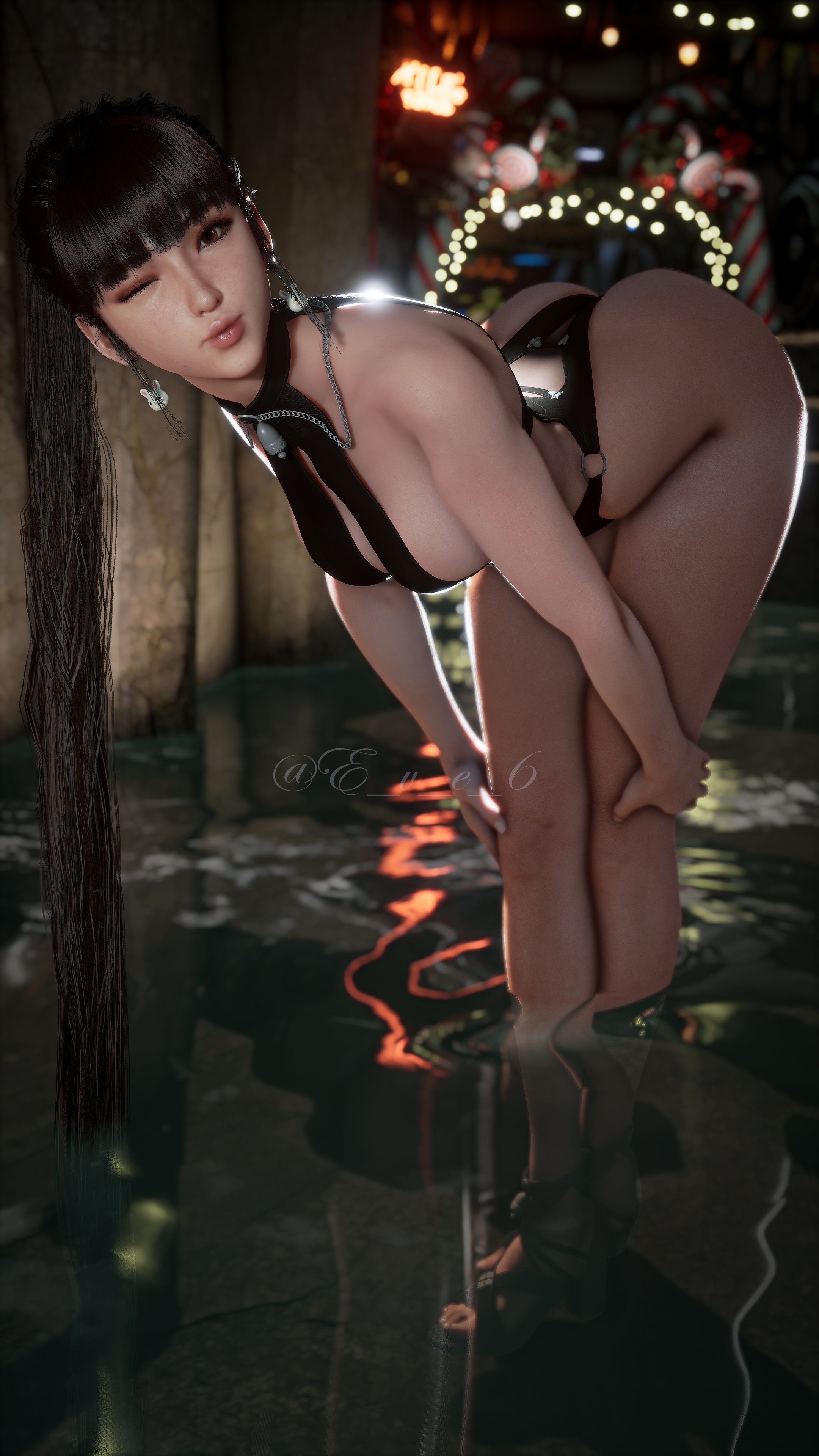 3d, asian, asian female, bending over, bent over, black hair, bob cut, eve (stellar blade), large ass, large breasts, leaning, leaning forward, long hair, one eye closed, one-piece swimsuit, ponytail, sideboob, stellar blade, swimsuit, teasing, teasing viewer, thick ass, thick thighs, three-quarter view, tied hair, video game character, voluptuous, voluptuous body, voluptuous female, wink, winking at viewer