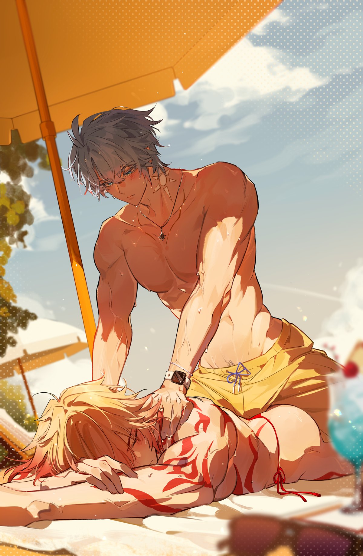2boys, beach, erect penis, erection, erection under clothes, gay, honkai (series), honkai star rail, honkai: star rail, male, male only, mydei (honkai: star rail), phainon (honkai: star rail), shirtless, swimsuit, thong bikini, yaoi