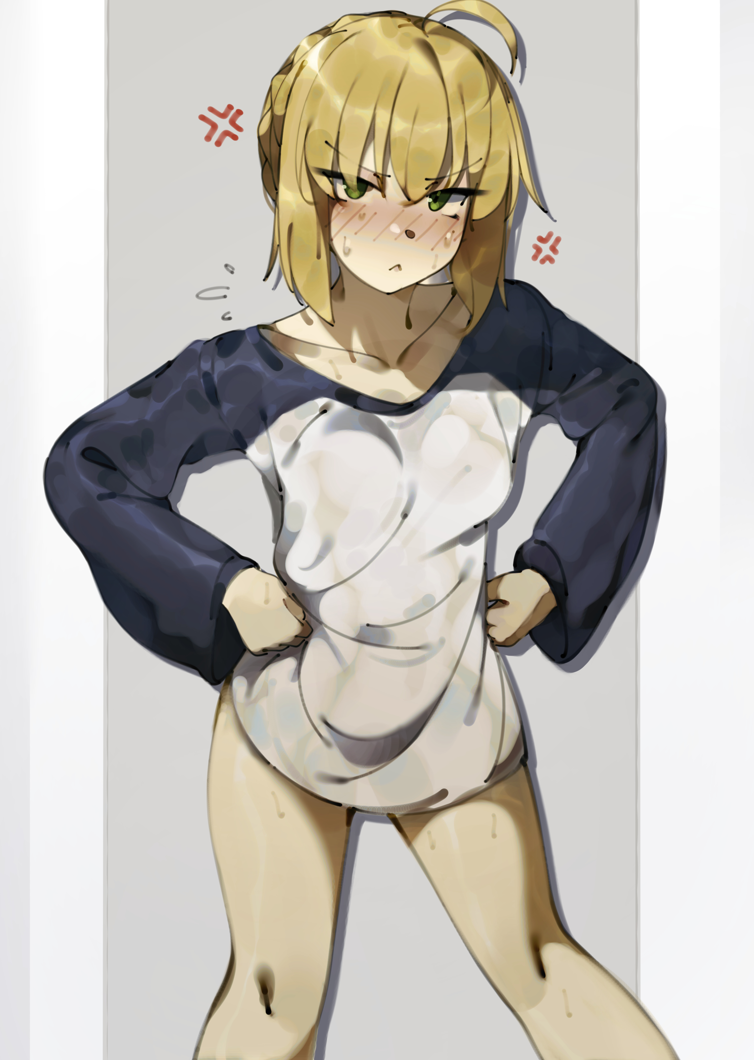 1girl, 1girls, ahoge, anger vein, angry, artoria pendragon, artoria pendragon (saber), blonde hair, blush, bodily fluids, bottomless, braid, breasts, clavicle, closed mouth, clothing, deko morii, fate (series), fate/stay night, female, flying sweatdrops, french braid, green eyes, grey background, hair bun, hands on hips, hands on own hips, high resolution, long sleeves, looking at viewer, medium breasts, naked shirt, no pants, nose blush, pouting, saber (fate), shirt, short hair, sidelocks, simple background, solo, spoken anger vein, spread legs, standing, sweat, tied hair, two-tone shirt, very high resolution, white shirt