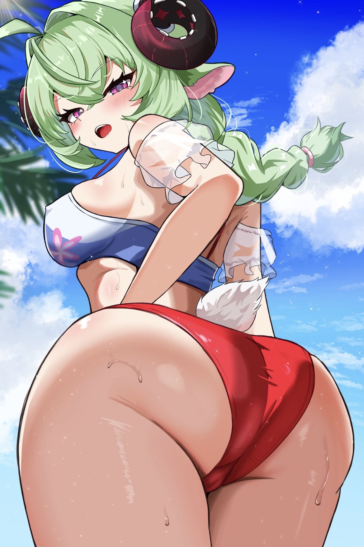 animal ears, animal horns, ass, behind view, big ass, braided hair, braided ponytail, cameltoe, character request, female, female only, green hair, hair between eyes, hand on hip, iroi (nte), long hair, medium breasts, neverness to everness, panties, sky, sweaty, sweaty ass, thick ass, thick thighs