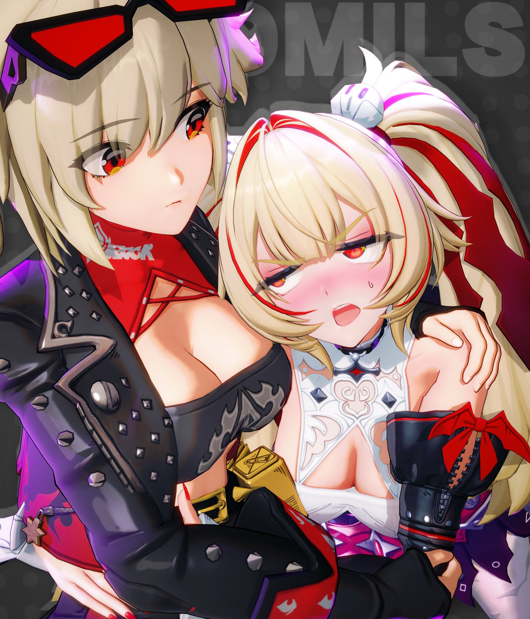 2girls, 3d, blush, breasts, burnice white, claret (zenless zone zero), claret flint, cleavage, female, female only, kokomils, large breasts, leather jacket, long hair, painted nails, pale skin, pale-skinned female, pigtails, platinum blonde hair, red eyes, sunglasses, sunglasses on head, two-tone hair, zenless zone zero