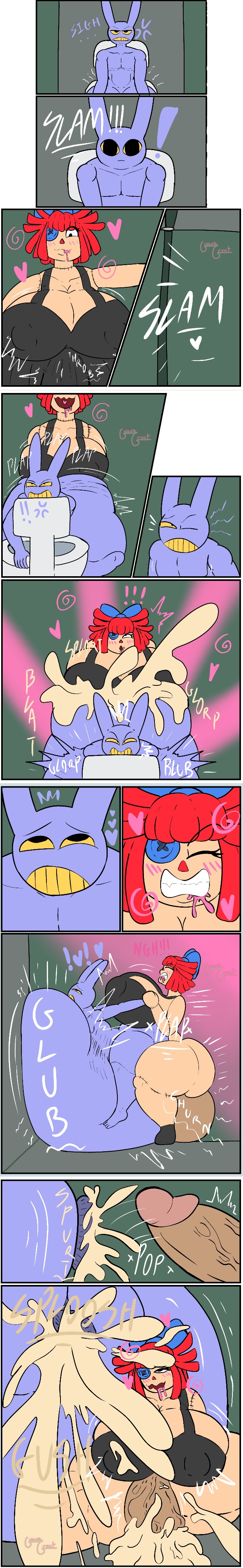 1boy, 1futa, anal penetration, anal sex, anthro, big ass, big ass (futa), big ass (male), comic, comic page, cum, cum explosion, cum in ass, cum inside, cumming, futa on anthro, futadom, futanari, glitch productions, guavagrunt, jax, jax (tadc), jax (the amazing digital circus), penetration, ragatha, ragatha (tadc), ragatha (the amazing digital circus), red hair, red hair female, red hair futa, red hairband, sauce that makes you stupid, stupid sauce, tadc, the amazing digital circus, toilet, toilet sex