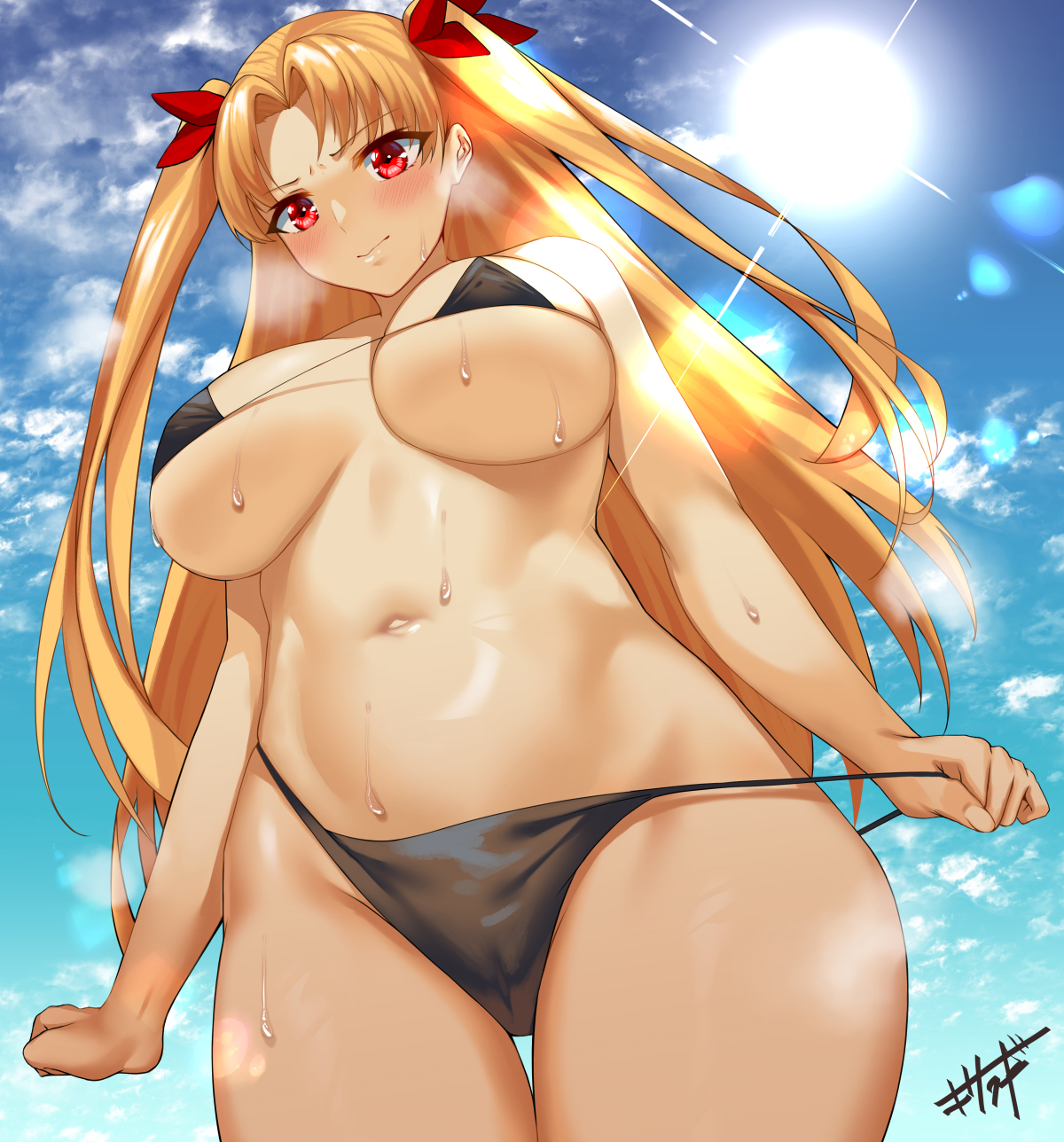 1girls, alternate breast size, bangs, bikini, bikini pull, black bikini, blonde hair, blue sky, blush, breasts, clenched hand, cloud, ereshkigal (fate), fate (series), fate/grand order, female, female only, from below, hair ribbon, highres, kisaragi tsurugi, large breasts, long hair, micro bikini, navel, parted bangs, red eyes, red ribbon, ribbon, sky, solo, standing, stomach, sun, sweat, swimsuit, thighs, underboob