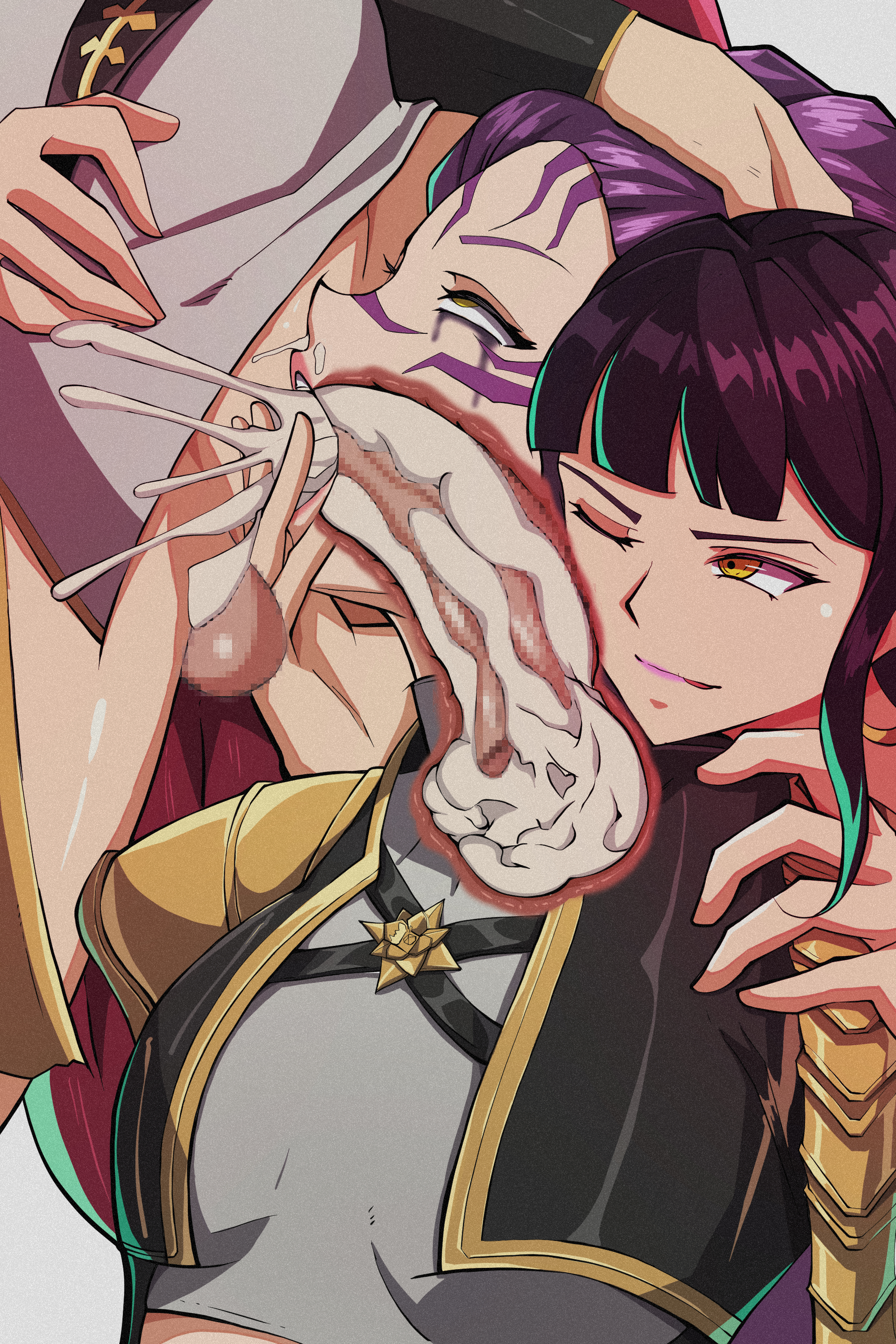 1futa, 2girls, big penis, black hair, blowjob, censored, censored genitalia, censored penis, clothed, clothed sex, cum, cum in mouth, cum inside, cum leaking, cumming, deep blowjob, deepthroat, detailed background, dominant futa, eyes rolling back, fellatio, fidget4827, futa on female, futanari, hi res, high resolution, highres, intersex, jpg, kpop demon hunters, leaking cum, long hair, looking at another, looking at partner, mira (kpop demon hunters), penis, pink hair, pixelated, pixelated penis, purple hair, rumi (kpop demon hunters), short hair, simple background, submissive female, x-ray, yellow eyes, zoey (kpop demon hunters)