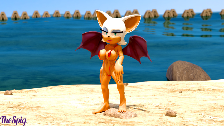 3d 3d_model anthro beach bikini breasts chiropteran clothing female hi_res mammal mobian mobian_(species) mobian_bat nipples rouge_the_bat seaside sega sling_bikini solo sonic_(series) sonic_adventure_2 sonic_the_hedgehog_(series) swimwear thespig