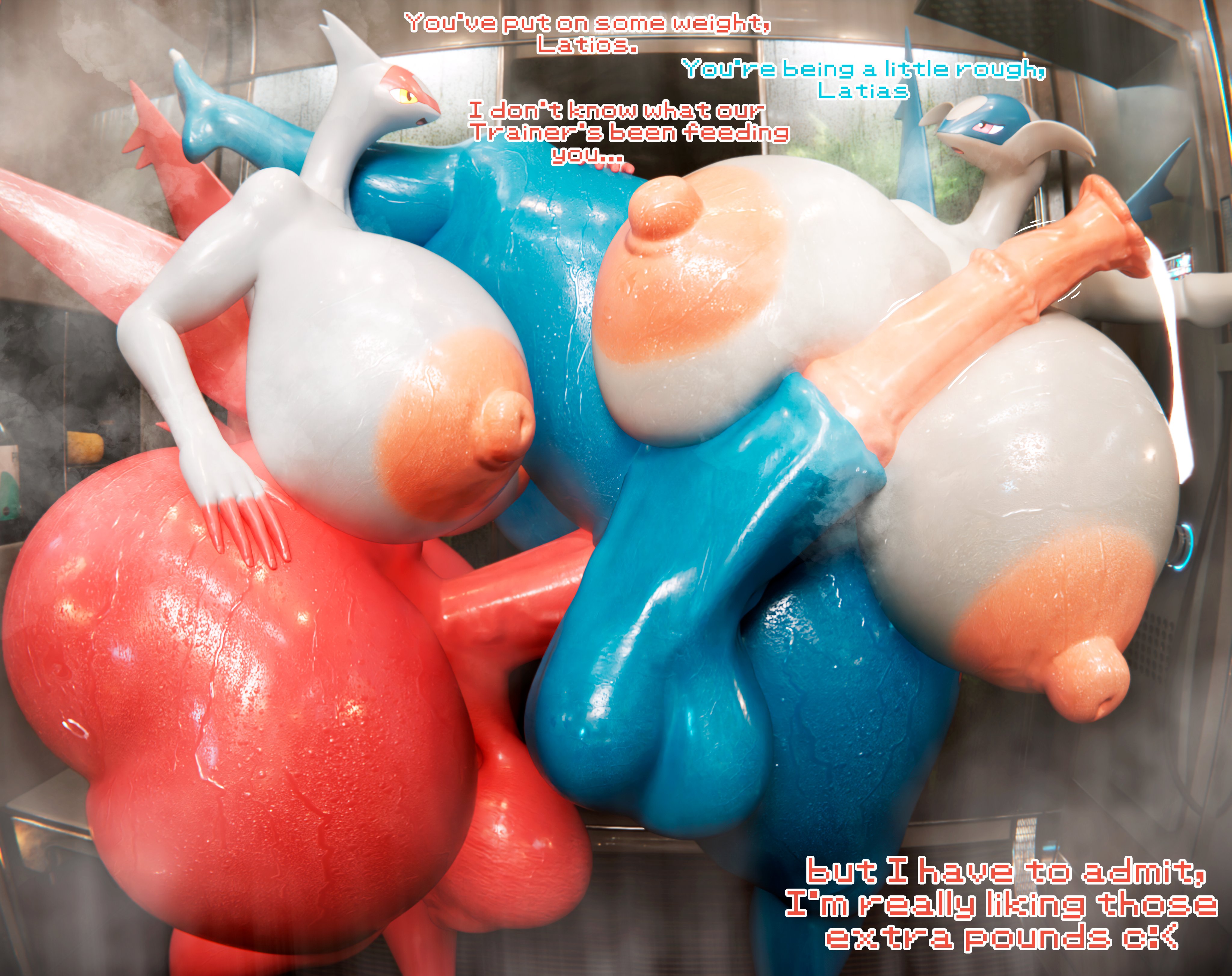 2futas, 3d, animal genitalia, ass, big ass, bubble ass, bubble butt, child bearing hips, cum, cumming, dialogue, dumptruck ass, enormous ass, futa on futa, futa only, futanari, giant ass, gigantic ass, horsecock, huge, huge ass, large ass, latias, latios, legendary pokemon, naked, naked futa, nude, nude futa, panflestudios, penetration, plump thighs, pokemon, pokemon (species), teasing, text, thick ass, thick thighs, thighs, thunder thighs, water drop, wide hips