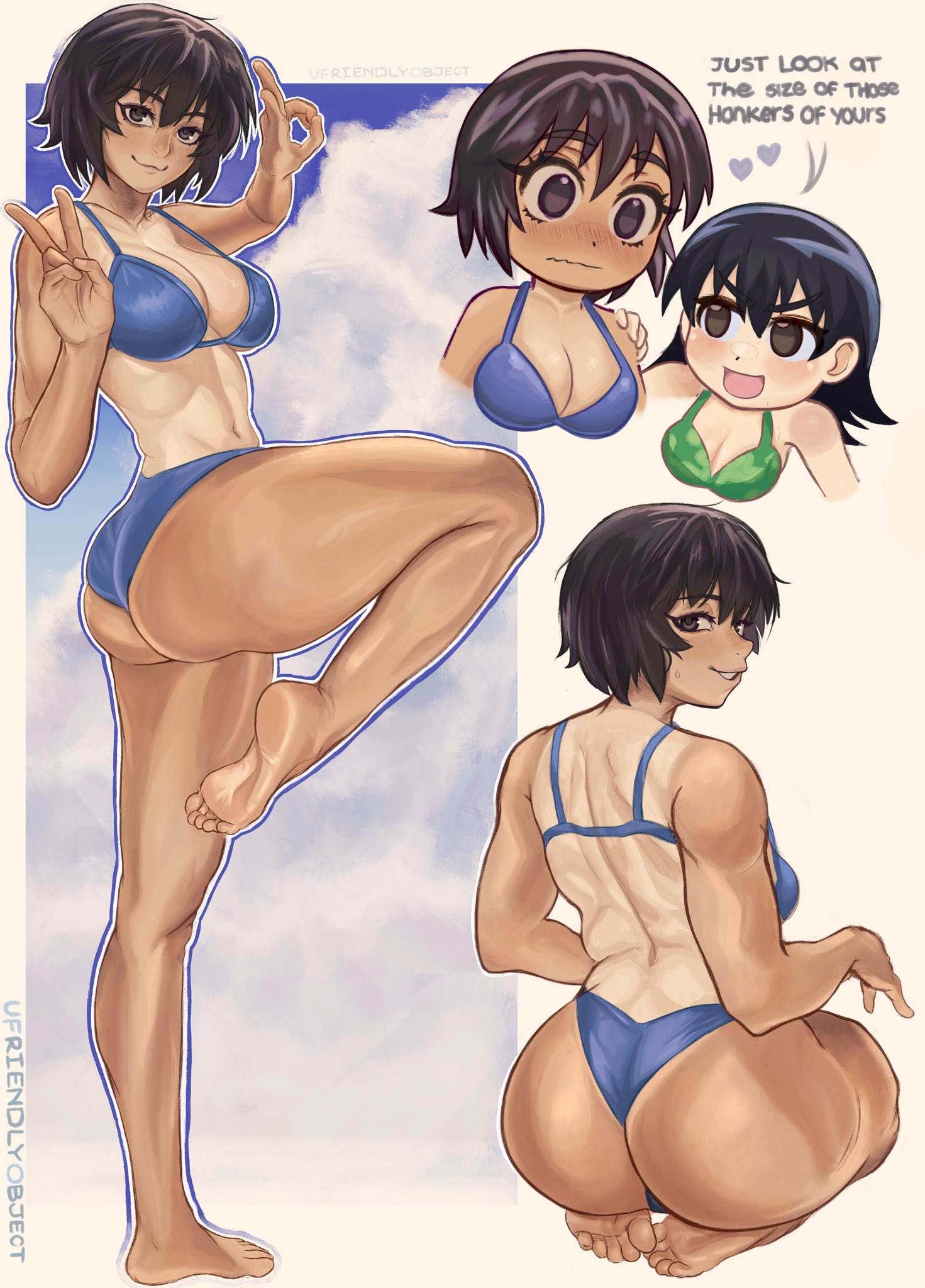 2d, 2d (artwork), 2d artwork, 2girls, ass, ass focus, azumanga daiou, beach, big ass, bikini, blush, blushing, brown eyes, brown hair, butt, english text, focus, kagura (azumanga daiou), medium breasts, short hair, tagme (artist), tan body, tan skin, text, thighs, tomboy, tomo takino, ufriendlyobject