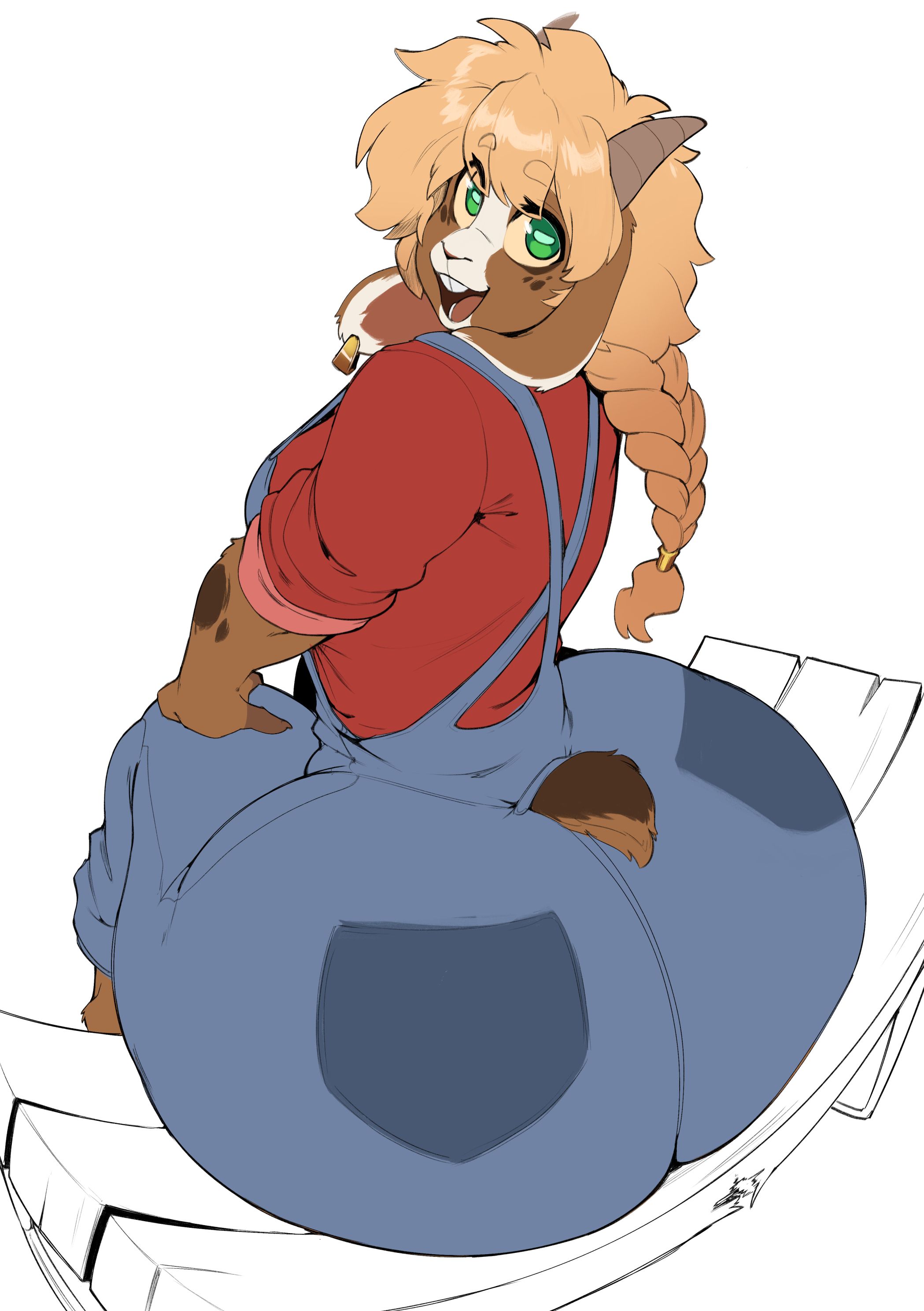 anthro, bench, big ass, big breasts, big butt, brown fur, cow, cow ears, cow girl, earring, furry, goat eyes, huge ass, huge butt, inu-sama, looking at viewer, looking back, overalls, ponytail, smile, snout, solo female
