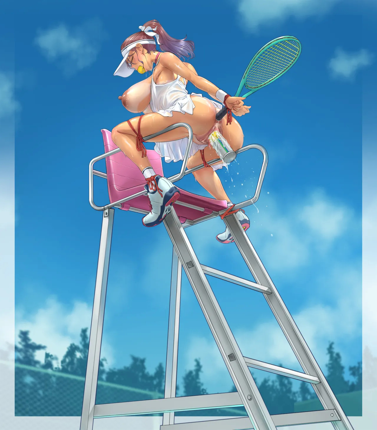 1girl, bondage, chichimaro, female, female only, ponytail, solo, solo female, tennis racket, tennis uniform