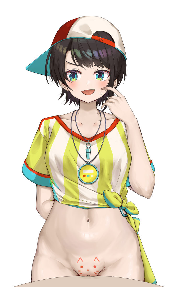 1girl, 1girls, backwards baseball cap, baseball cap, black hair, blue eyes, blushing, cat ears, embarrassed, female, female only, hololive, hololive gen 2, hololive japan, midriff, no panties, nude from the waist down, oozora subaru, oozora subaru (1st costume), open mouth, pussy, shaved pussy, shirt, short hair, simple background, solo female, stopwatch, stripes, tomboy, virtual youtuber, whisker markings, whistle, whistle around neck, white background, yellow shirt