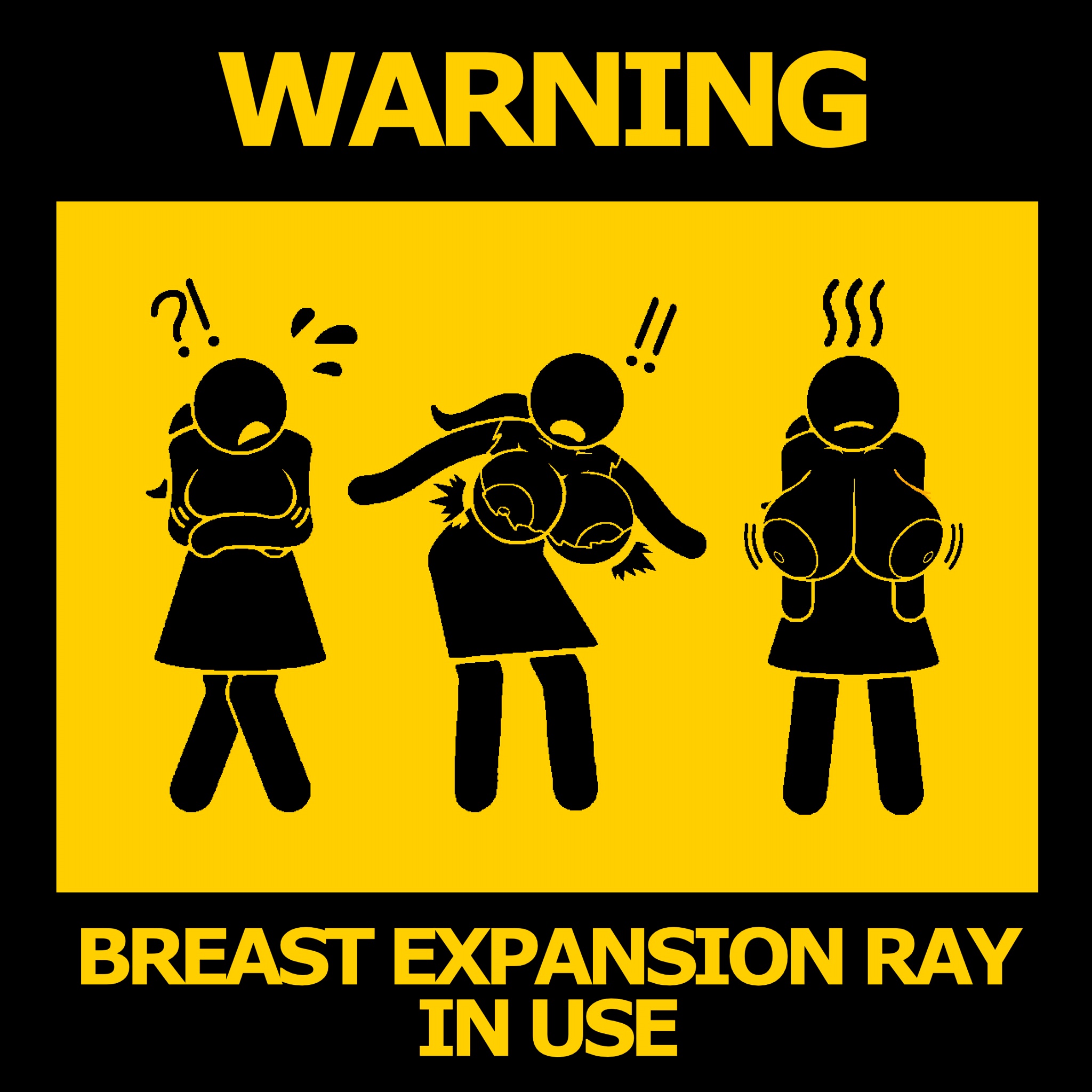 !!, !?, ?!, 1girls, 2d, 2d (artwork), annoyed, annoyed expression, areolae, big areola, black body, breast expansion, breast growth, breasts, cleavage, confused, english text, female, frown, gigantic breasts, hair, huge areolae, legs crossed, minimalist, n1 1ck, nervous sweat, nipples, original, pictogram, pictographics, ponytail, sagging breasts, shocked, stick figure, stickfigure, stickman, text, wardrobe malfunction, warning sign, warning sign person, yellow background