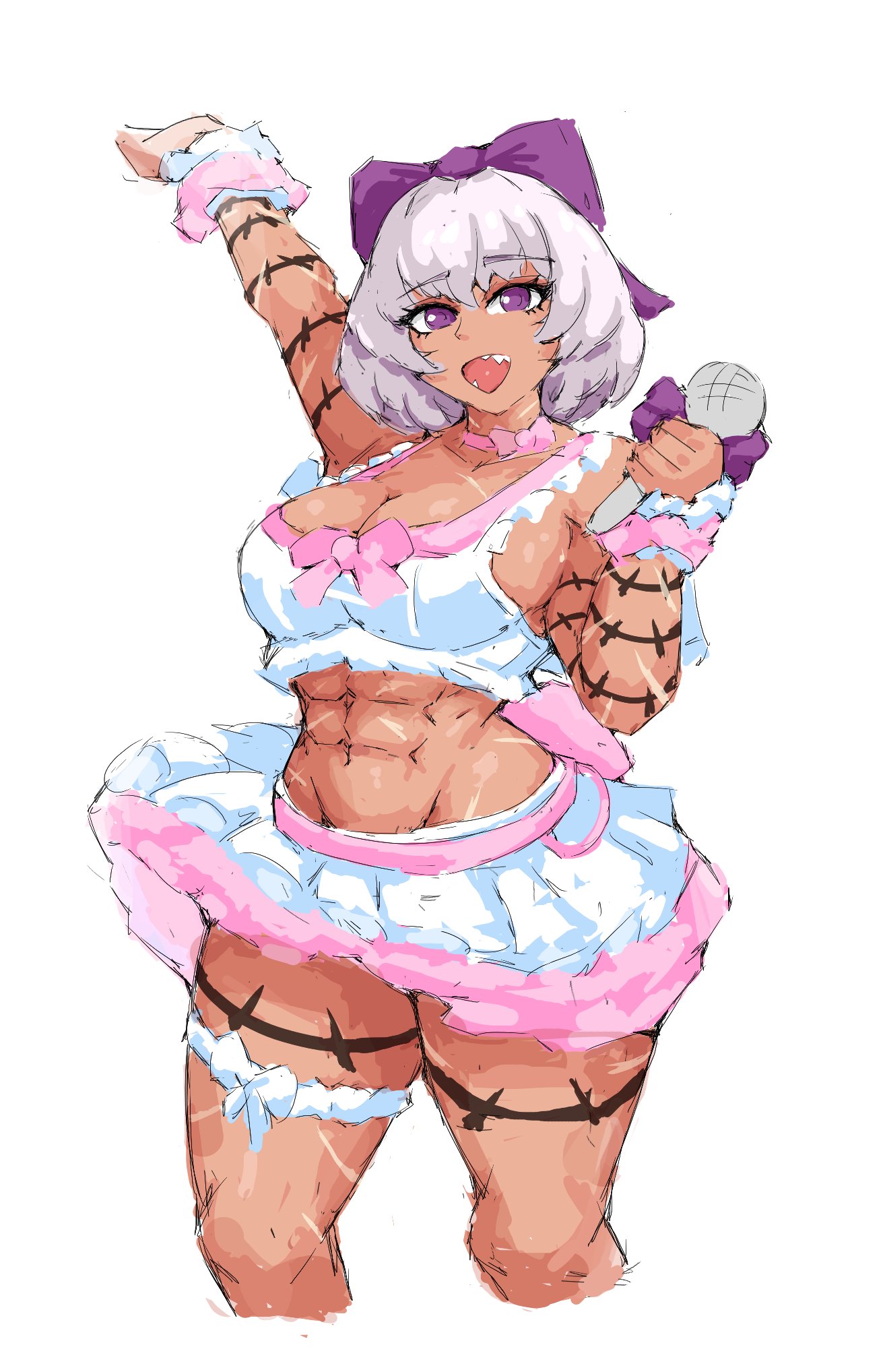 1girls, abs, alternate body type, alternate breast size, big breasts, bow in hair, bracelets, breasts, colored, cute, cute female, digital media (artwork), female focus, female only, idol, idol outfit, kira (limbus company), limbus company, littleteze, microphone, no sex, no visible genitalia, pose, posing, posing for the viewer, project moon, purple bow, purple eyes, scars, scars all over, sharp teeth, sideboob, simple background, six pack, skirt, source request, tanned, tanned female, tanned skin, tattoo, tattooed arm, tattooed arms, tattooed leg, tattooed legs, tattoos, tattoos everywhere, the middle (project moon), thigh garter, three-quarter portrait, white hair