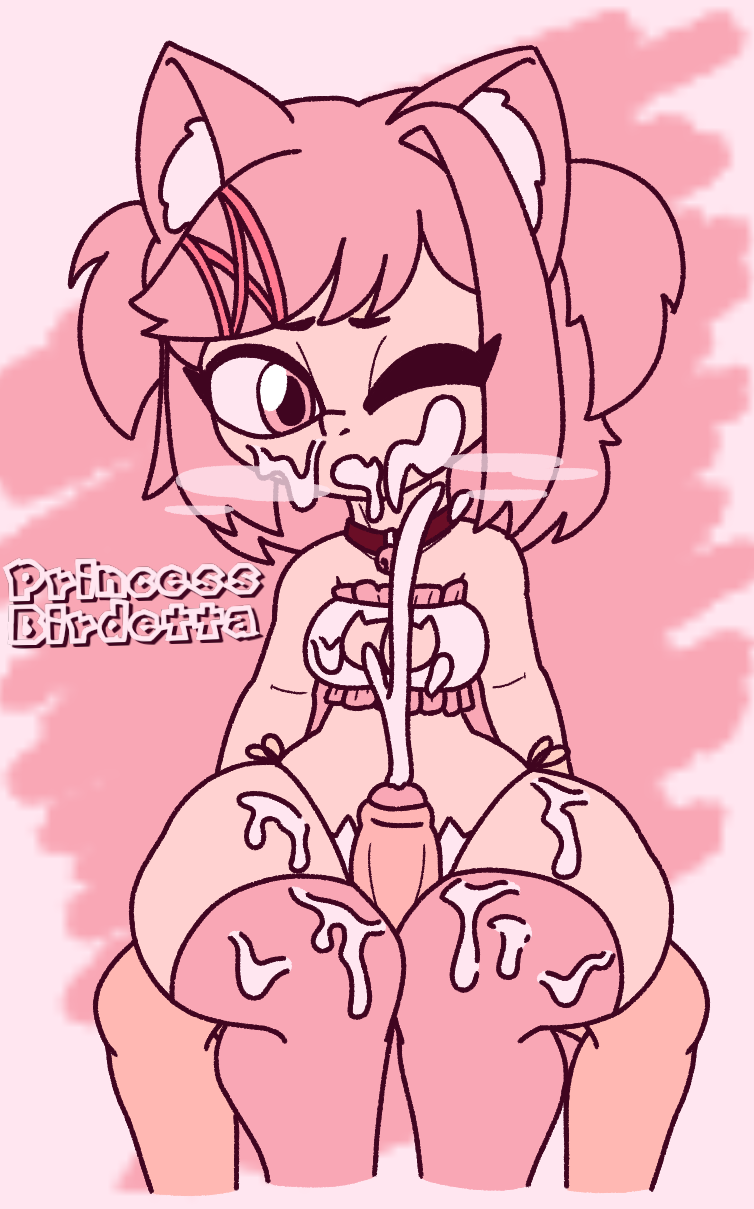 1boy, 1girls, anonymous male, bikini, cat bikini, cat ears, cat girl, cat keyhole bra, catgirl, cum, cum in mouth, cum on body, cum on breasts, cum on face, cumshot, doki doki literature club, female, grinding, huge ass, huge thighs, male, massive ass, massive thighs, natsuki (doki doki literature club), outercourse, penis, princessbirdetta (artist), thigh sex, thighhighs, thighjob, visible breath