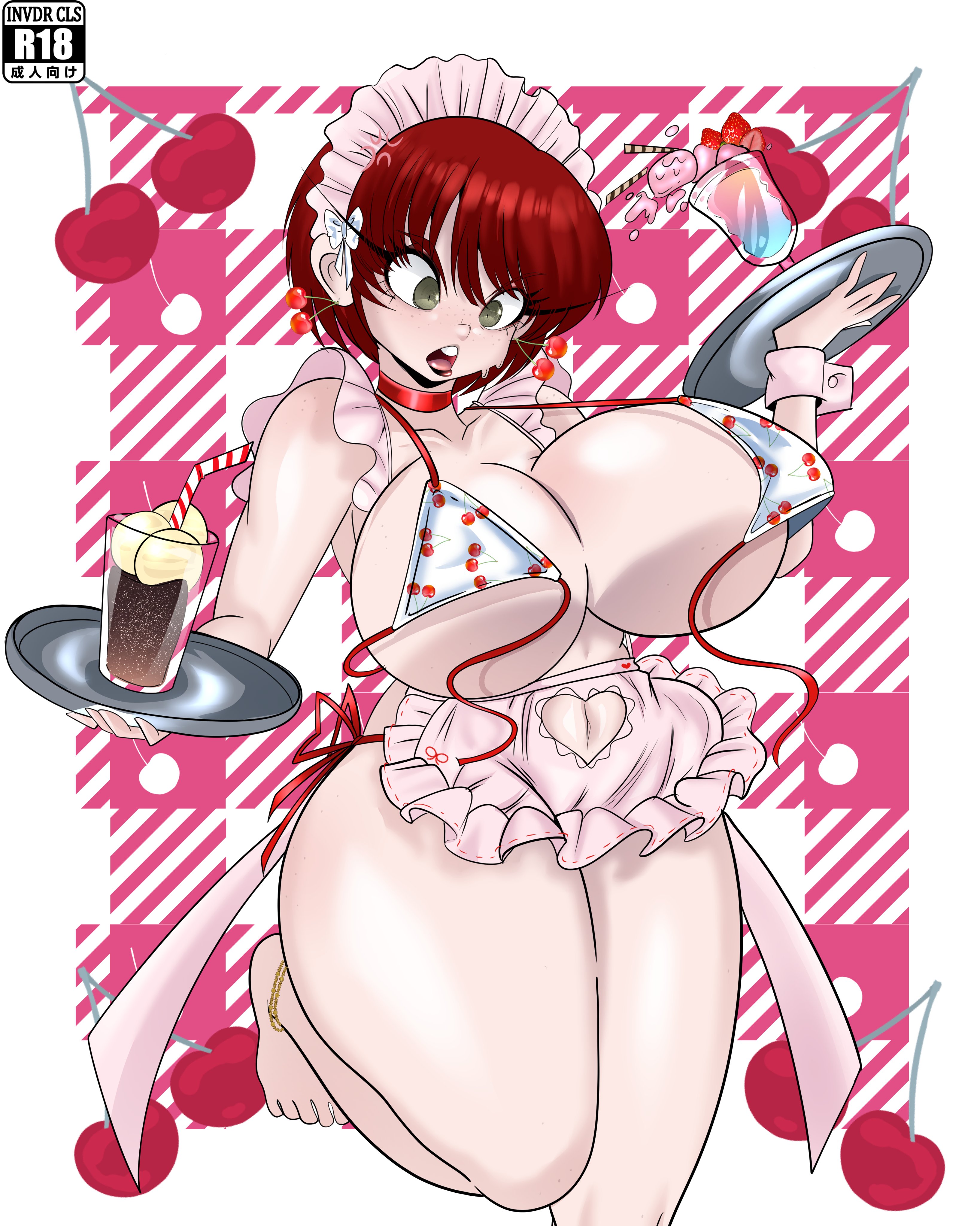 anklet, apron, barefoot, blush, commission, danganronpa, danganronpa 2: goodbye despair, drink, embarrassed, huge breasts, invdrcls, koizumi mahiru, maid headdress, open mouth, second-party source, spilled drink, sundae, thick thighs, toes, wardrobe malfunction, wide hips