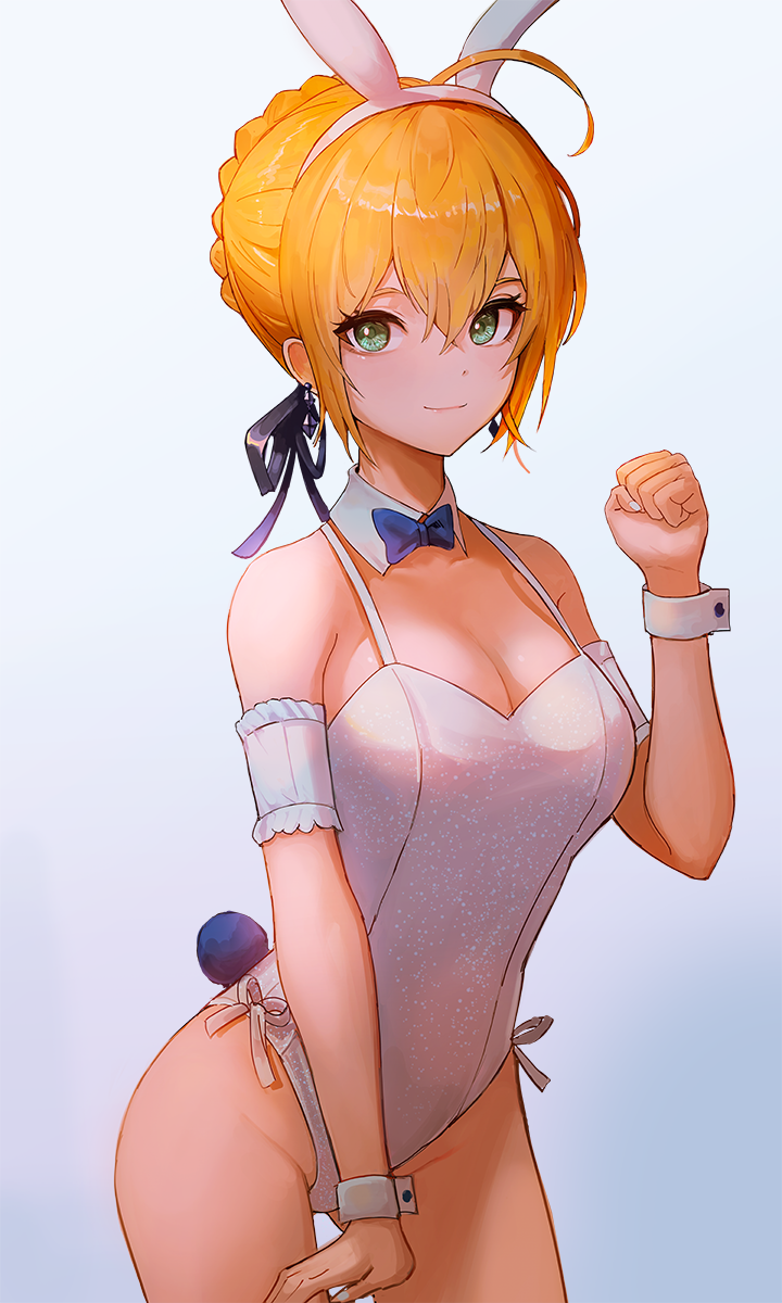 1girls, ahoge, animal ears, aqua eyes, armband, artoria pendragon, bare shoulders, blonde hair, blue background, bow, bowtie, braid, breasts, bright eyes, bunny ears, bunny girl, bunny tail, cleavage, clenched hand, collarbone, cowboy shot, detached collar, earrings, fake animal ears, fate (series), fate/grand order, fate/stay night, female, female only, gradient, gradient background, green eyes, groin, hair ribbon, hairband, hand up, highleg, highleg leotard, highres, jewelry, leotard, looking at viewer, medium breasts, moth1, ribbon, saber, short hair, sidelocks, smile, solo, solo female, spaghetti strap, standing, tail, thighs, tied hair, white leotard, wrist 