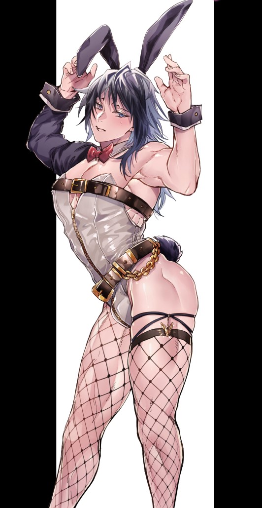 1boy, alternate costume, ambush (trap), black hair, bodysuit, bowtie, bulge, bunny boy, bunny ears, bunny tail, bunnysuit, crossdressing, demon slayer, embarrassed, femboy, fishnet stockings, fishnets, hair down, kemonochan, kimetsu no yaiba, looking at viewer, male, male only, muscular, muscular femboy, muscular male, pose, solo, thighhighs, tomioka giyuu, twunk