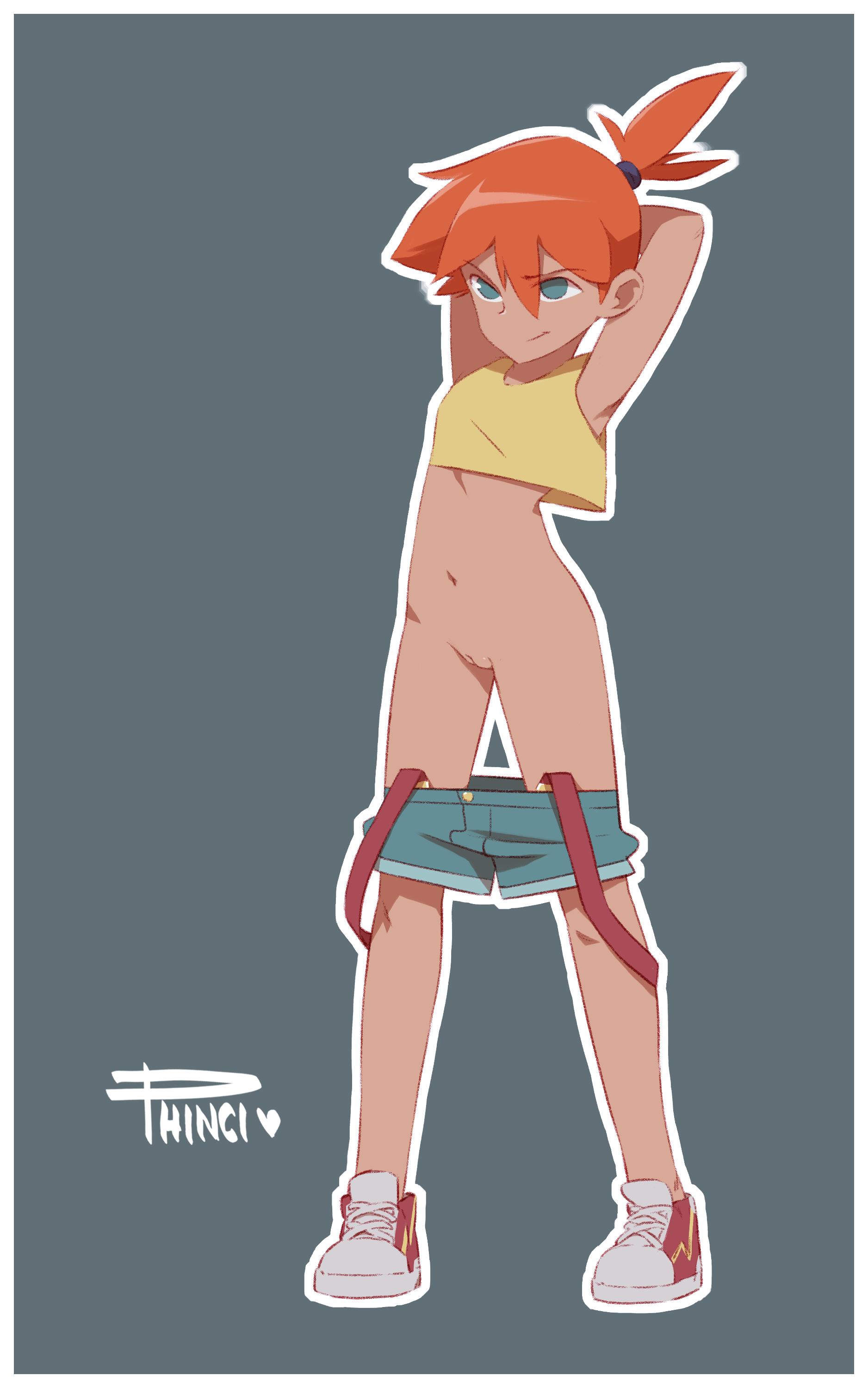 1girl, aqua eyes, armpits, arms behind head, arms up, artist name, bare arms, blue eyes, blue shorts, border, breasts, cleft of venus, closed mouth, clothes pull, crop top, female, female only, full body, grey background, groin, hair between eyes, hair tie, legs apart, misty (pokemon), navel, no panties, orange hair, outline, outside border, phinci, pokemon, pokemon (anime), pussy, shirt, shoes, short hair, shorts, shorts pull, side ponytail, signature, simple background, sleeveless, sleeveless shirt, smile, sneakers, solo, source request, split mouth, standing, stomach, suspender shorts, suspenders, uncensored, white border, white outline, year request, yellow shirt