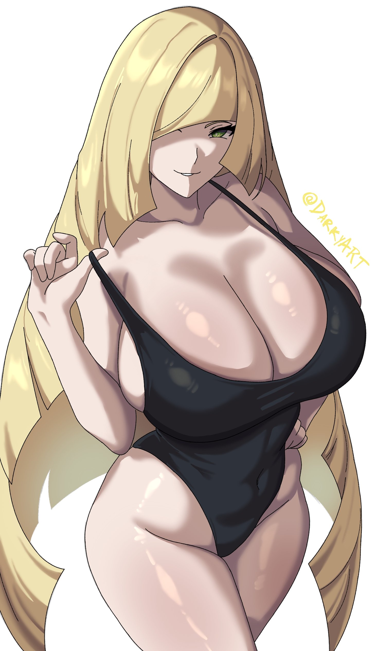 1girls, absurdres, alternate breast size (larger), artist request, big breasts, black swimsuit, blonde hair, breasts, cleavage, collarbone, commentary, covered navel, game freak, green eyes, hair over one eye, half-closed eyes, hand on own hip, highres, huge breasts, long hair, looking at viewer, lusamine (pokemon), naughty face, nintendo, one-piece swimsuit, pale skin, partially shaded face, pokemon, pokemon sm, pokemon sun and moon, skindentation, swimsuit, thick thighs, thighs, very long hair, wide hips