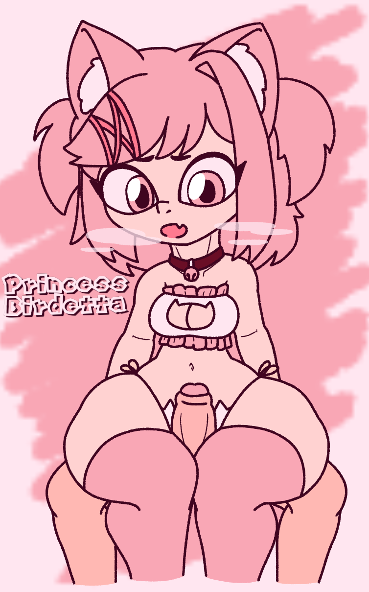 1boy, 1girls, anonymous male, bikini, cat bikini, cat ears, cat girl, cat keyhole bra, catgirl, doki doki literature club, female, grinding, huge ass, huge thighs, male, massive ass, massive thighs, natsuki (doki doki literature club), outercourse, penis, princessbirdetta (artist), thigh sex, thighhighs, thighjob, visible breath