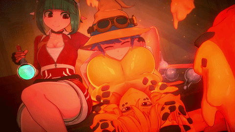 1boy 2girls 3d animated anna_anon bigger_female gif head_on_breasts koikatsu magma pointy_ears potion potion_bottle slime slime_girl smaller_male smug smug_face steam voyeur voyeurism