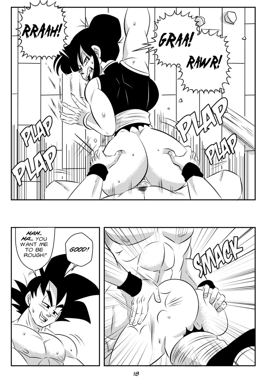 1boy, 1girls, abs, ass, big ass, big breasts, black and white, breasts, chichi, comic, dragon ball, dragon ball super, female, funsexydragonball, male, monochrome, muscular, muscular male, nipples, page 18, sex, sharp fingernails, smacking ass, son goku