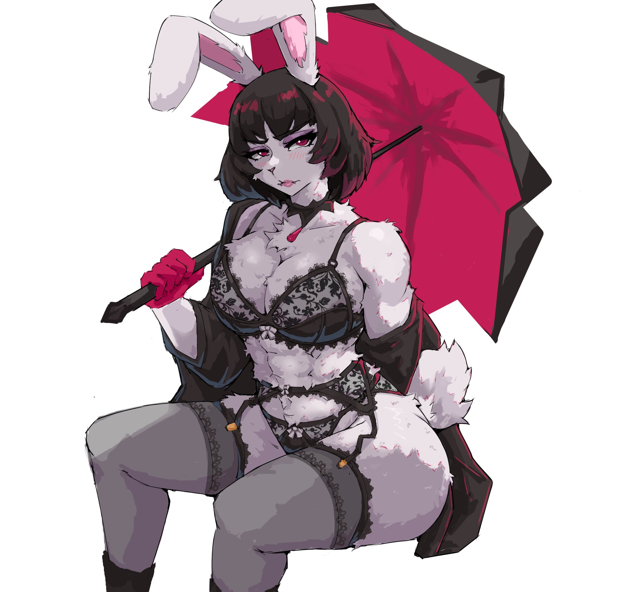 1girls, anthro, anthro female, anthrofied, big breasts, black hair, black lingerie, blush, blush lines, blushing, breasts, bunny ears, bunny girl, bunny tail, deadlock, female, furry, furry female, gloves, hair, lingerie, littleteze, mina (deadlock), mina ha, parasol, red eyes, red gloves, stockings, umbrella, valve