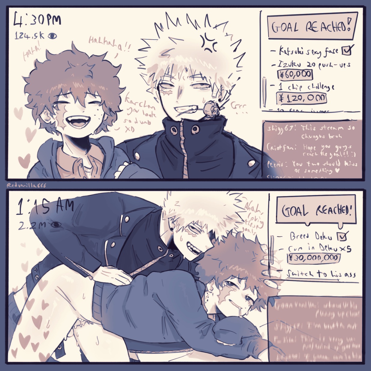 1boy, 1cuntboy, 1cuntboy1male, 2026, bakugou katsuki, boku no hero academia, cuntboy, cuntboy penetrated, cuntboy/male, deku, drool, drool on face, drooling, english, english dialogue, eyes closed, eyes rolling back, freckles, freckles on face, grin, grinning, grinning at partner, grinning at viewer, hand in hair, hand on ass, hand on hip, happy, izuku midoriya, katsuki bakugou, laughing, laughing at another, limited palette, livestream, looking at partner, looking at viewer, looking into camera, looking pleasured, male, male penetrating, messy hair, midoriya izuku, mostly clothed, my hero academia, open mouth, pants, pants down, redvanilla666, shirt, shirt only, spiky hair, stream chat, streamer, streaming, sweat, sweatdrop, sweating, text, vaginal, vaginal penetration, vaginal sex