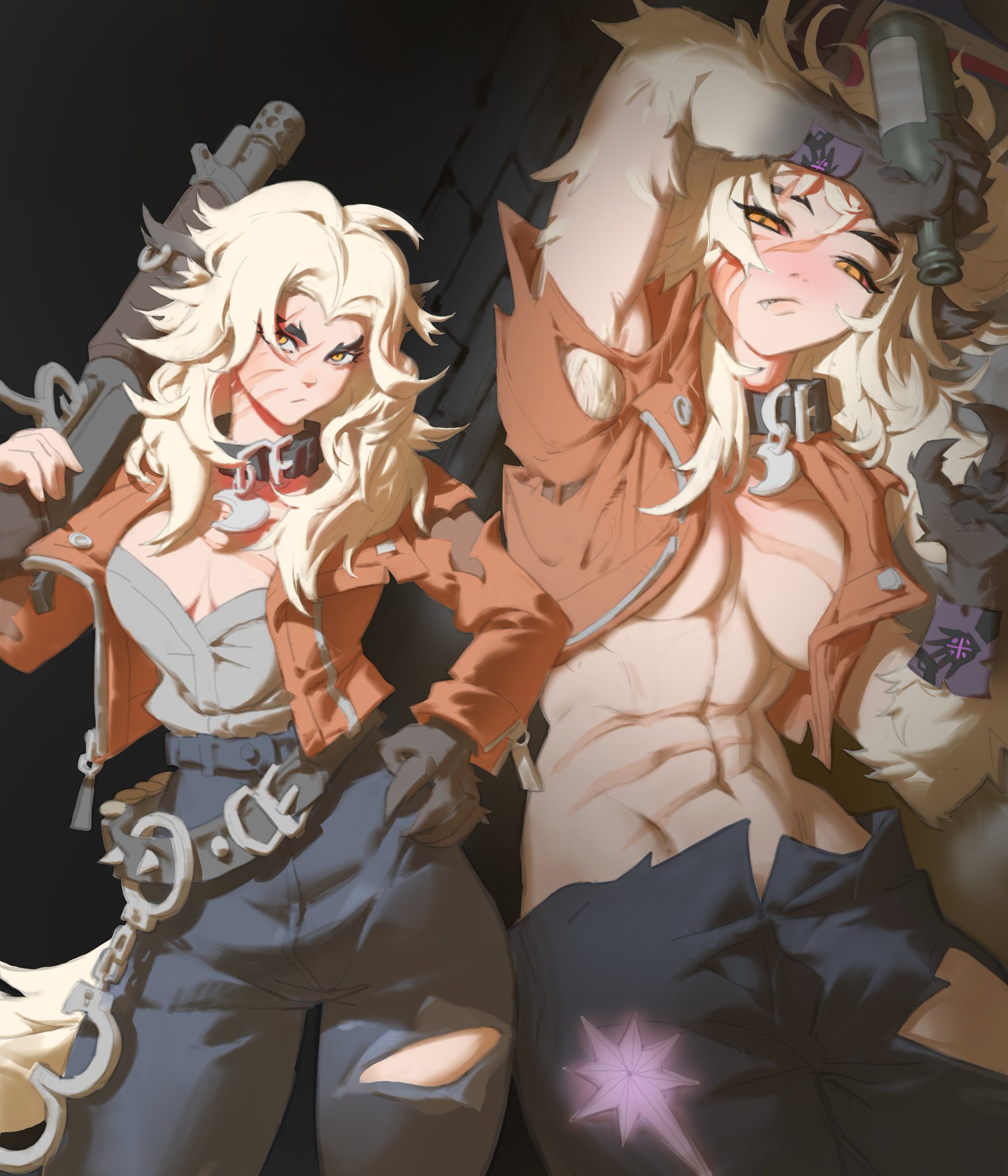 big boobs, big breasts, big tits, blonde, blonde female, blonde hair, boobs, breasts, collar, deadlock, female, female focus, female only, kemonomimi, large boobs, large breasts, large tits, laying down, laying on back, open clothes, open jacket, open shirt, pacpoi, scar, shirtless, silver (deadlock), tits, titties, werewolf, yellow eyes