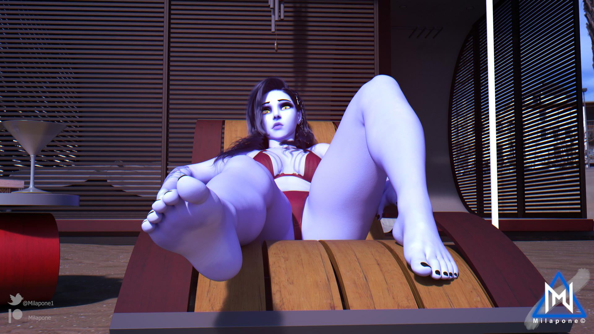 1girls, 3d, big feet, bikini, black nails, black toenails, blizzard entertainment, blue hair, blue skin, feet, female, female only, fully clothed, long hair, milapone, overwatch, red bikini, solo, spread legs, tattoo, tattooed arm, widowmaker, yellow eyes