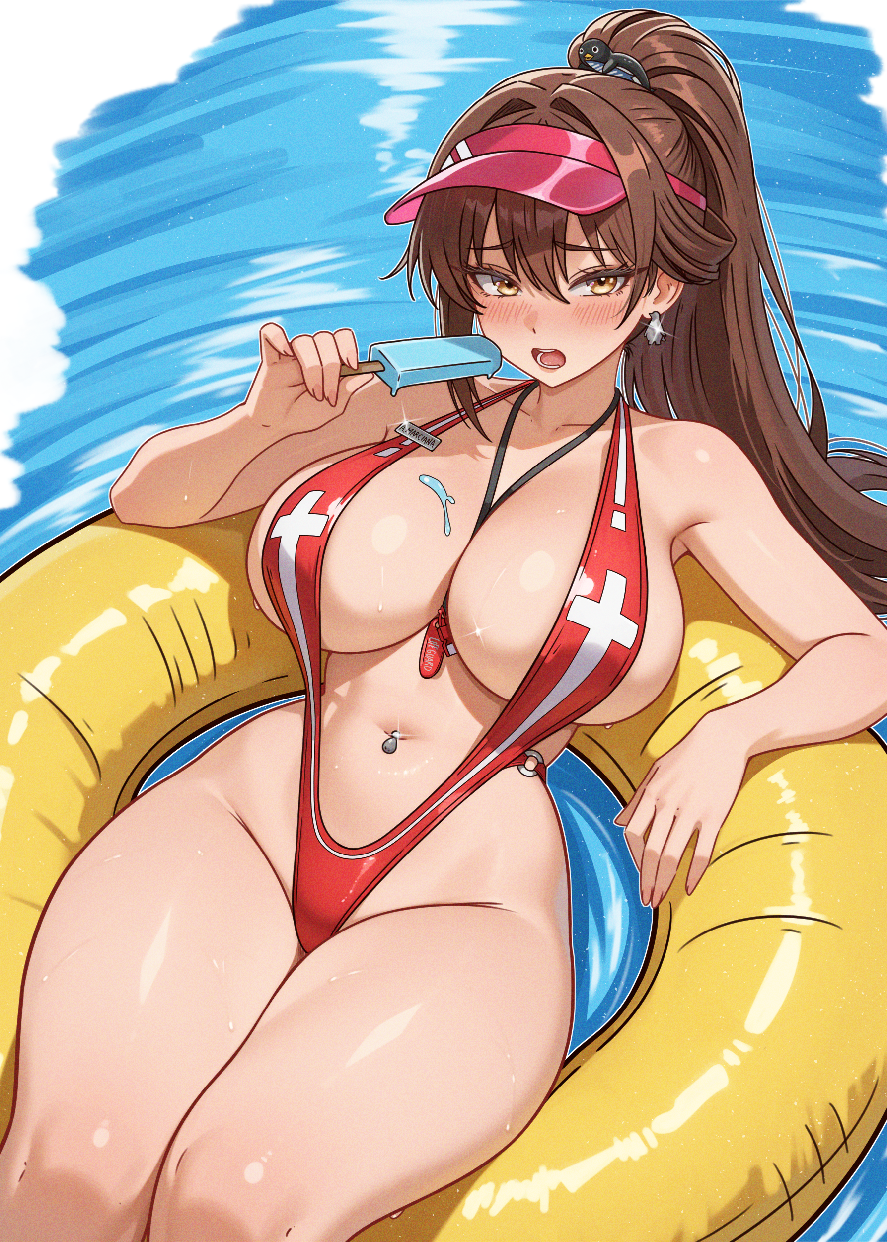 1girls, belly piercing, big breasts, blush, breasts, brown eyes, brown hair, cetta (cettadvd), cleavage, ear piercing, earrings, female, female only, floatie, goddess of victory: nikke, hair, hair ornament, hat, headwear, hips, holding object, huge breasts, lifeguard, marciana (marine study) (nikke), marciana (nikke), necklace, neckwear, object between breasts, official alternate costume, open mouth, pierced belly button, piercing, piercings, pool float, popsicle, red sling bikini, revealing clothes, skimpy, skimpy bikini, sling bikini, solo, solo female, sparkles, sweat, sweatdrop, thick thighs, thighs, tied hair, visor, water