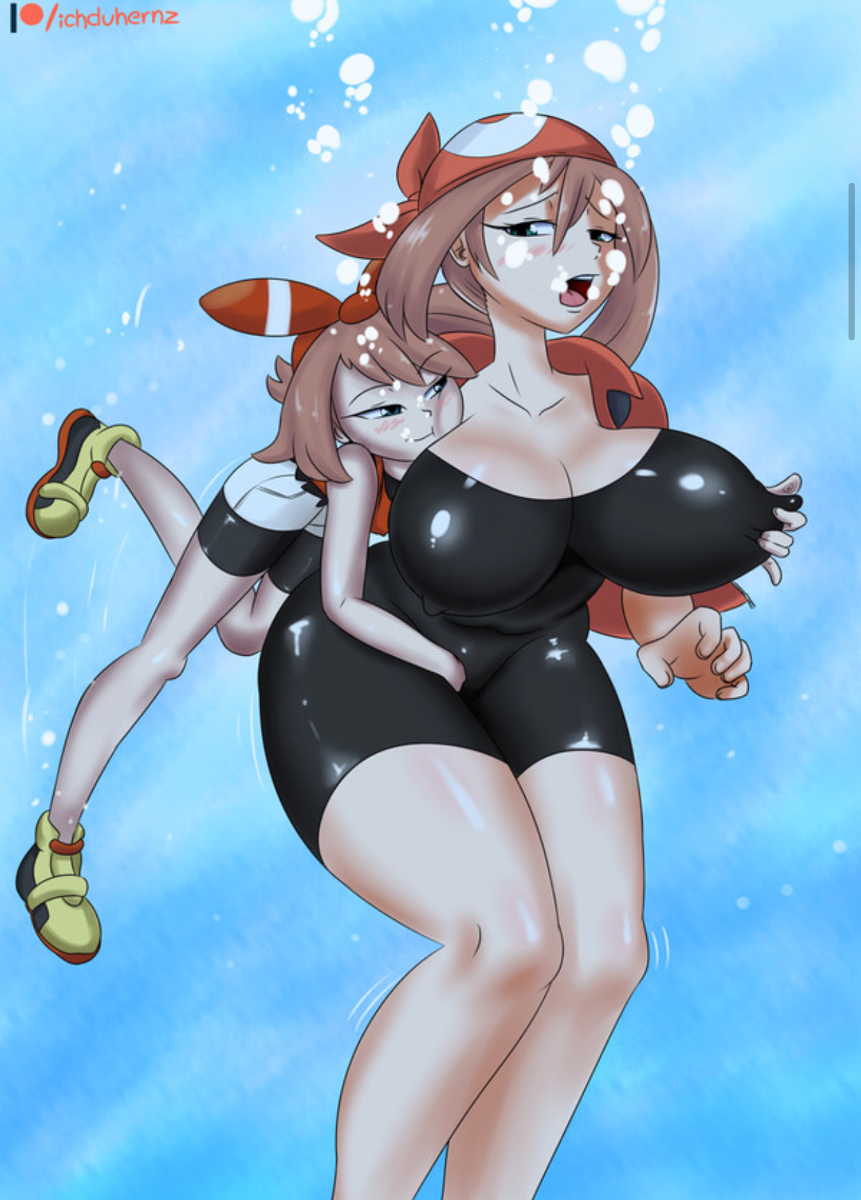 2girls, alternate breast size, alternative universe, areolae, big breasts, bike shorts, blue, blush, breast grab, breasts, brown hair, clothed, eyelashes, eyes, female, female only, game freak, gloves, green eyes, half-closed eyes, huge breasts, human, human only, ichduhernz, may (pokemon oras), may (pokemon rs), may (pokemon), motion lines, mouth, nintendo, nipple tweak, nipples, open, pokemon, pokemon oras, pokemon rse, pokemon trainer, pokies, selfcest, shirt, shoes, size difference, smaller dominant, smile, teeth, thick, thighs, tongue, underwater, water, wide hips, yuri