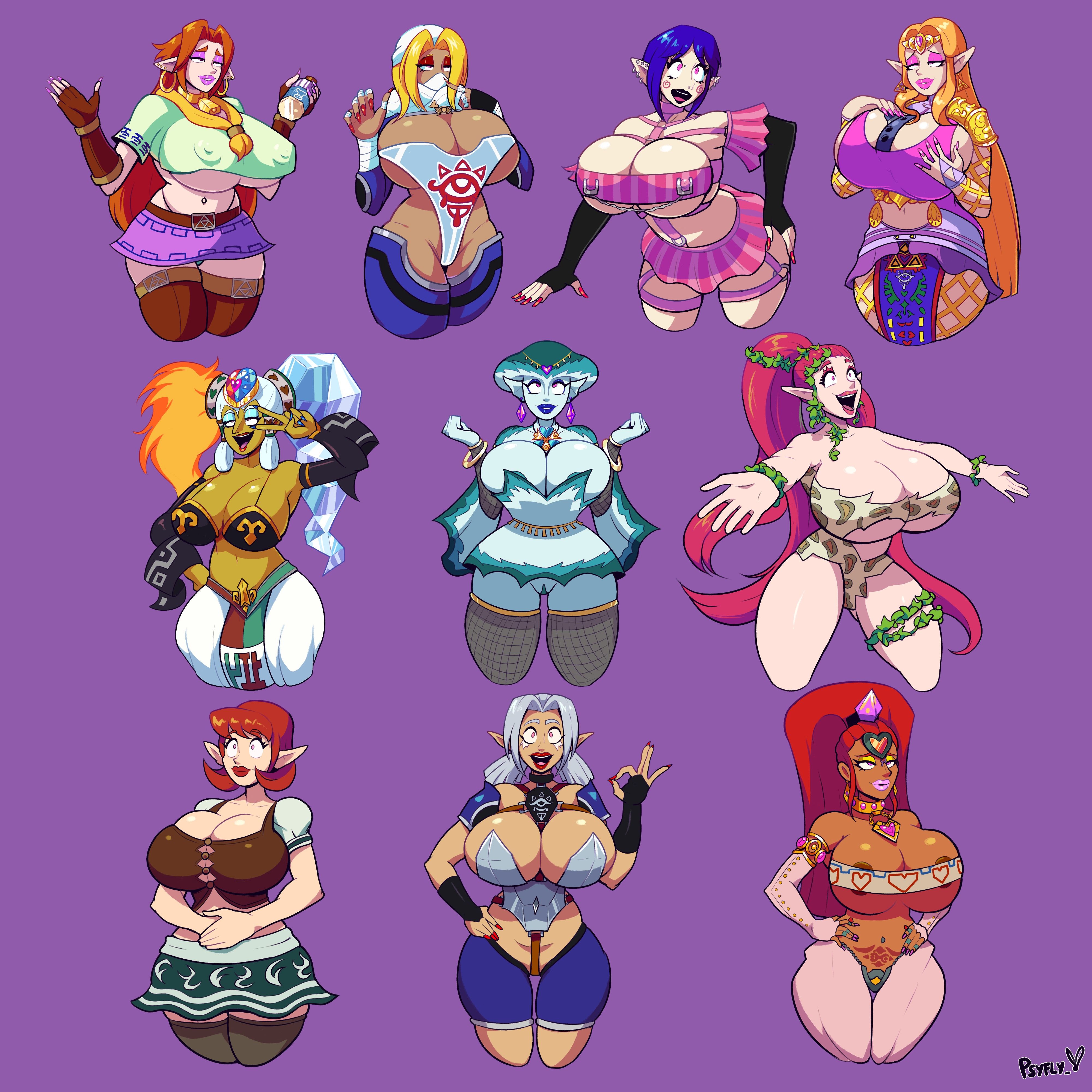 anju, arm warmers, ascot, bare shoulders, big breasts, bimbofication, blonde hair, bombchu lady, boob focus, boobs, bra, breast focus, breast grab, breasts, brown hair, choker, cleavage, collarbone, crop top, cucco lady, dress, earrings, elf ears, emblem, erect nipples, erect nipples under clothes, eye roll, eyebrows visible through hair, eyeshadow, face mask, face paint, female only, femsub, fingerless gloves, fish girl, fishnets, giant fairy, gloves, great fairy, great fairy (ocarina of time), hand on hip, happy trance, heavy eyelids, huge breasts, impa, jewelry, large breasts, leotard, lingerie, lipstick, long hair, looking at viewer, makeup, malon, midriff, milf, miniskirt, monster girl, multiple girls, multiple subs, nabooru, nail polish, navel, necklace, nintendo, ocarina of time, open mouth, pants, pink eyes, ponytail, princess ruto, princess zelda, psyfly, purple background, purple hair, pussy, red hair, sheik, short hair, shorts, shoulder pads, shrunken irises, silver hair, simple background, smile, tan skin, tank top, tattoo, the legend of zelda, thighhighs, tight clothing, twinrova, underboob, v, vines, wide hips, wrist band, yellow skin, zora