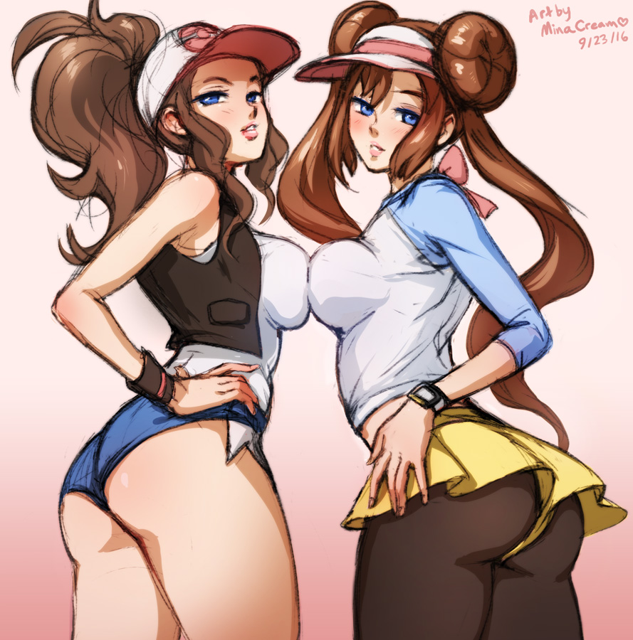 2girls, areolae, ass, ass hanging out of shorts, blue eyes, breasts, brown hair, brown-haired female, female, female only, fully clothed, hilda (pokemon), human, looking at viewer, looking back, medium breasts, minacream, nintendo, nipples, pantyhose, pokemon, pokemon bw, pokemon bw2, rosa (pokemon), simple background, sketch, skirt, symmetrical docking, upskirt, watermark