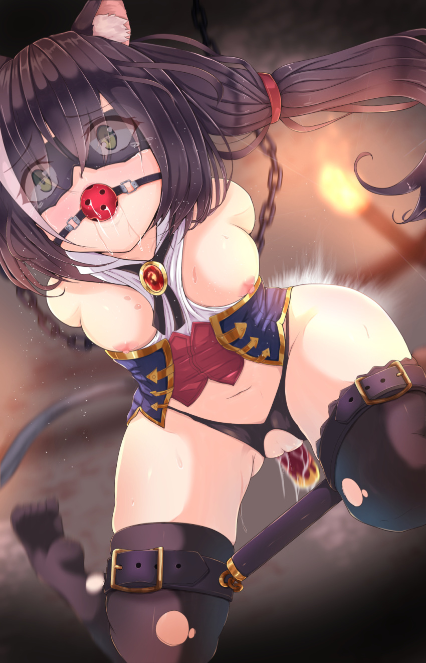 ass, bondage, bondage gear, cat ears, cat tail, crying, crying with eyes open, green eyes, karyl (princess connect!), long hair, nude, princess connect!, thick ass, thick thighs, tied up