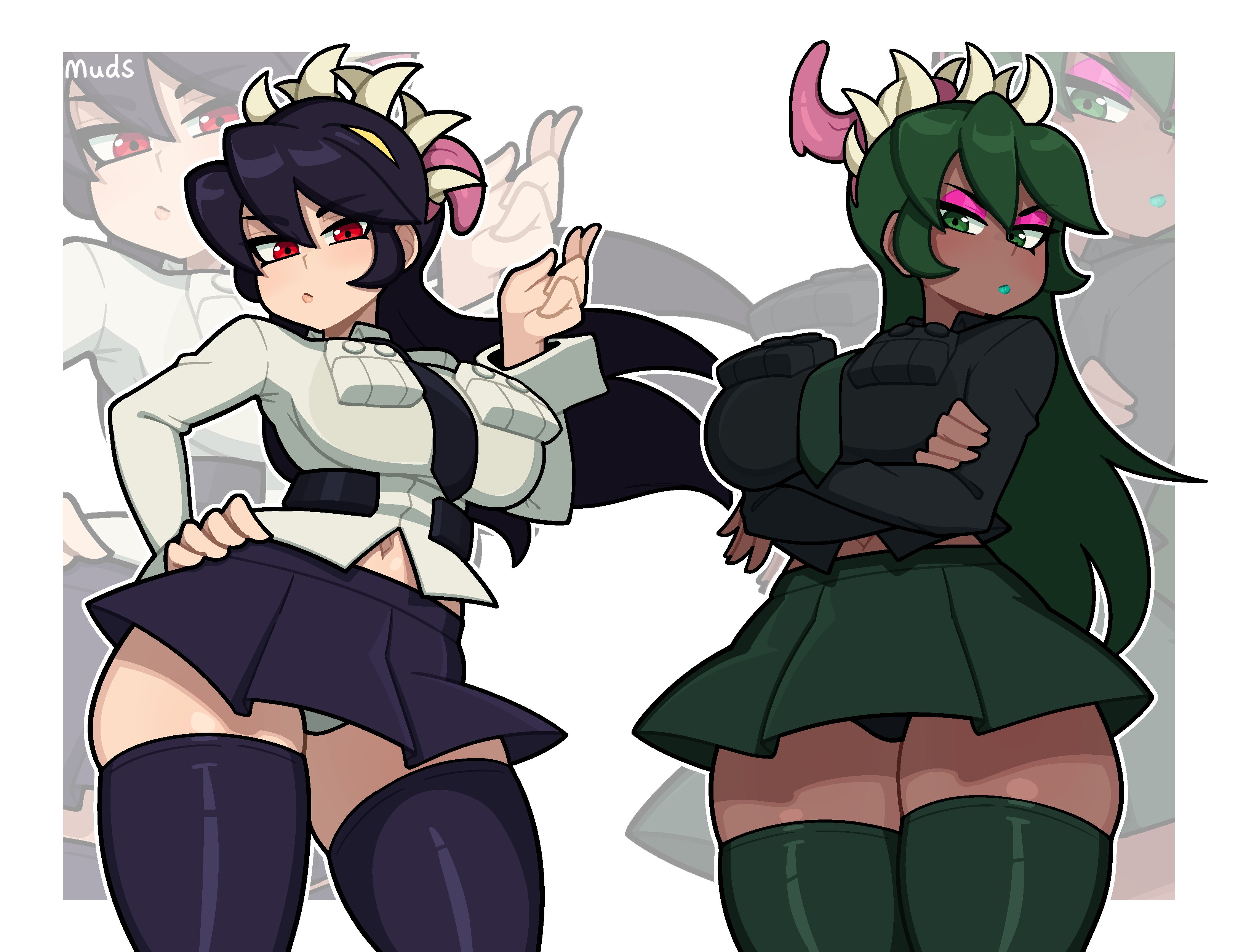 2d, 2girls, absurdres, artist name, black hair, black necktie, black panties, black shirt, black thighhighs, breast pocket, breasts, crossed arms, dark skin, dark-skinned female, extra mouth, eyeshadow, filia (skullgirls), fukua (skullgirls), futakuchi-onna, green eyes, green hair, green lips, green thighhighs, hand on own hip, highres, large breasts, lipstick, living hair, long hair, long tongue, looking at viewer, makeup, muds, multiple girls, navel, necktie, panties, pink eyeshadow, plump, pocket, prehensile hair, red eyes, samson (skullgirls), school uniform, shamone (skullgirls), shirt, sidelocks, skirt, skullgirls, teeth, thick thighs, thighhighs, thighs, tongue, underwear, white background, white panties, zettai ryouiki, zoom layer