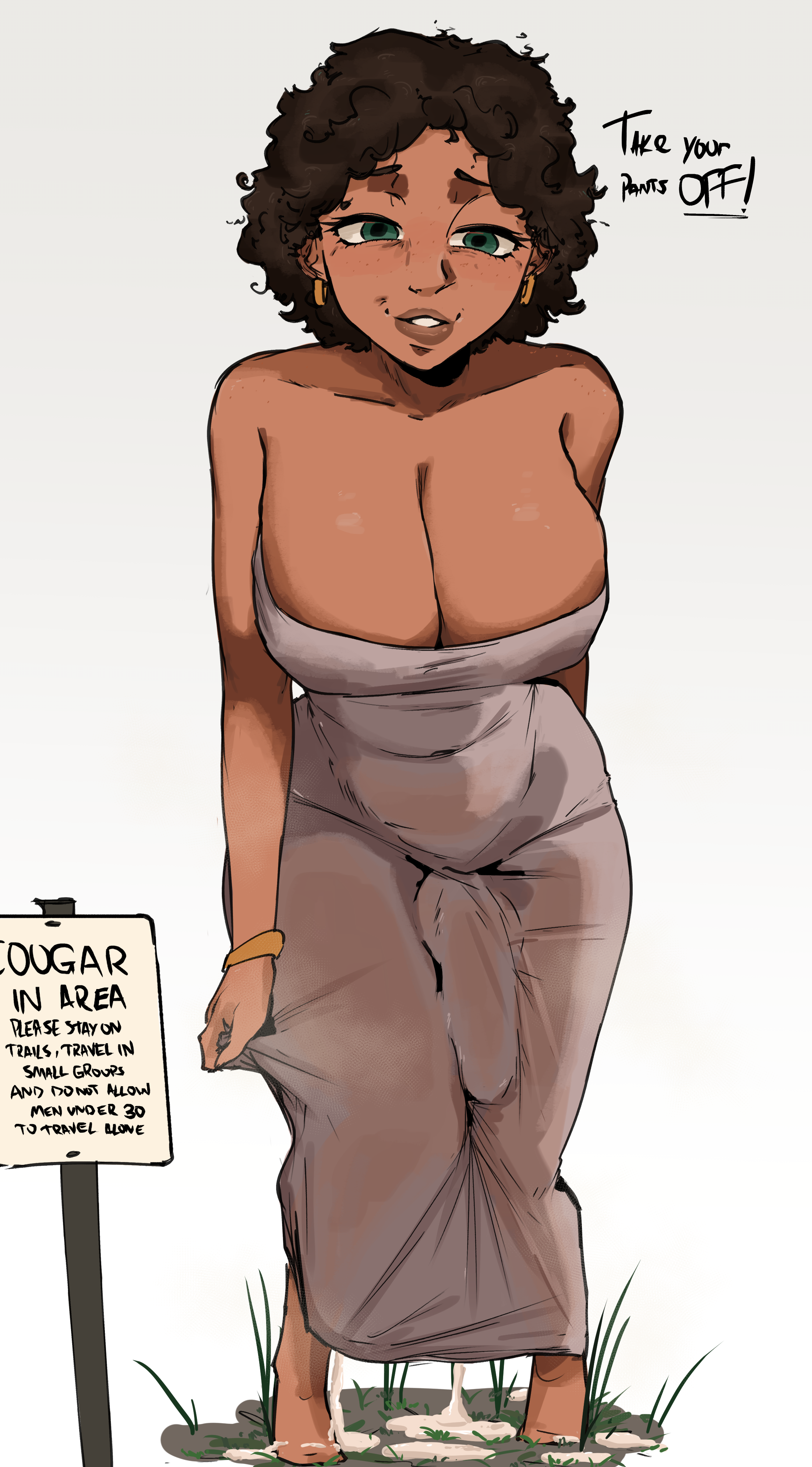 1futa, barefoot, big breasts, big penis, cougar, cum, cum leaking, cum pool, dress, earrings, english text, erection under clothes, fat cock, freckles, futa milf, futa mommy, futanari, grass, imminent fellatio, imminent oral, jeteggs, large breasts, large penis, large thighs, latina, leaking cum, leaning forward, long dress, looking at viewer, milf, mommy, oc, older futa, original, original character, pent up, see-through, short hair, sign, signpost, solo, tan skin, thick, thick thighs, throbbing penis