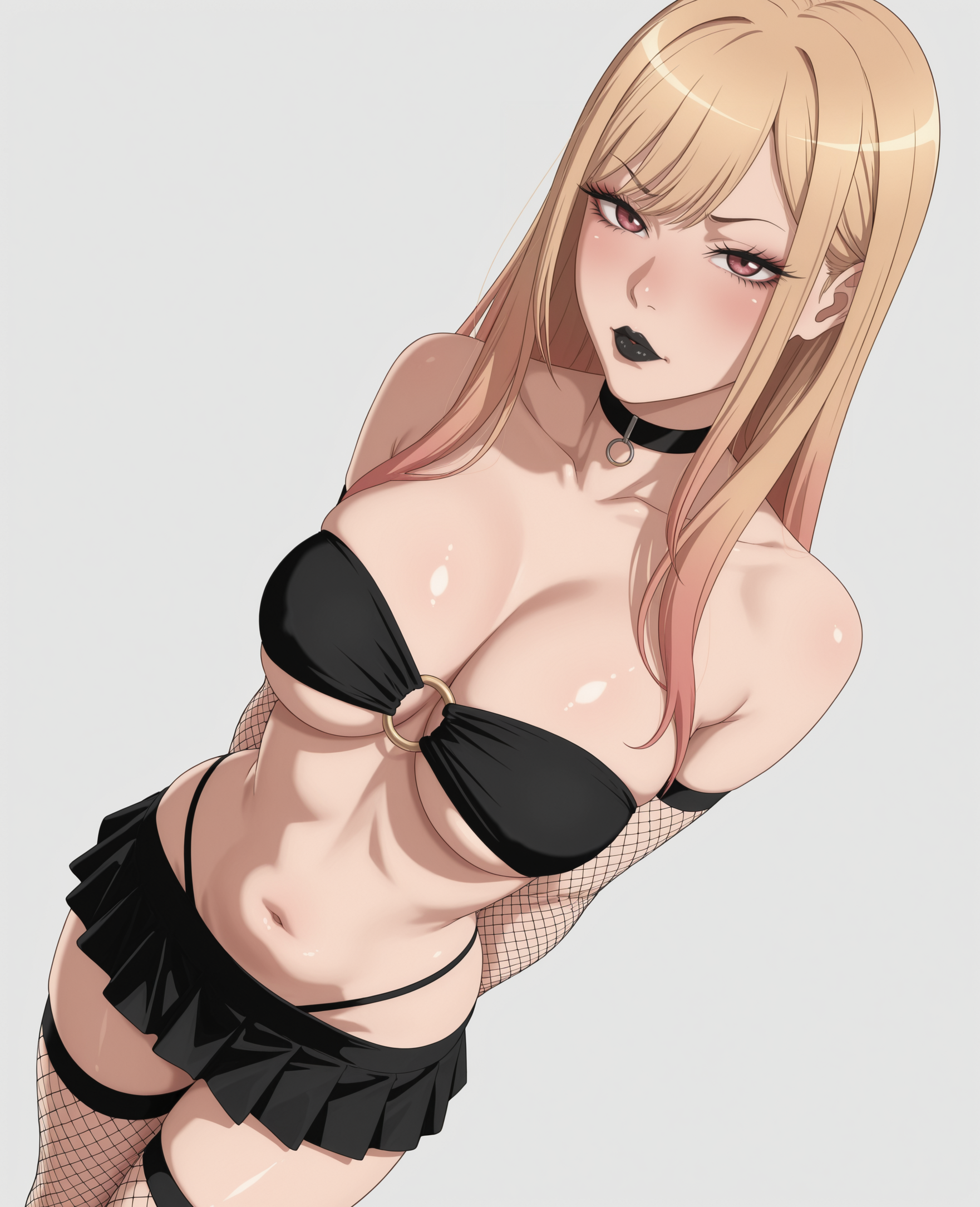 1girls, ai generated, amused, bandeau, bitch, black lipstick, blonde hair, breasts, choker, dominatrix, female, femdom, fishnet, fishnet armwear, fishnet legwear, fishnet sleeves, fishnet thighhighs, fishnets, goth, human, japanese female, kitagawa marin, light skin, light-skinned female, lipstick, looking at viewer, makeup, microskirt, multicolored hair, nail polish, o-ring, perfect body, piercing, pink eyes, pov, pov eye contact, skirt, sleeves, slutty, slutty female, solo, solo female, solo focus, sono bisque doll wa koi wo suru, stable diffusion, strapless, suggestive, thighs, thong, tiny skirt, vooluxx